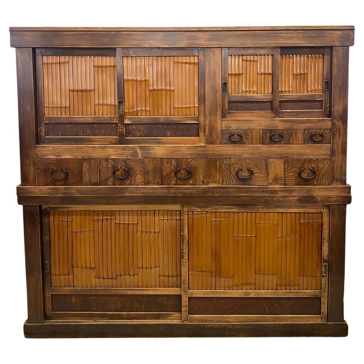 Early 20th Century Bamboo And Hinoki Wood Japanese Shop Cabinet