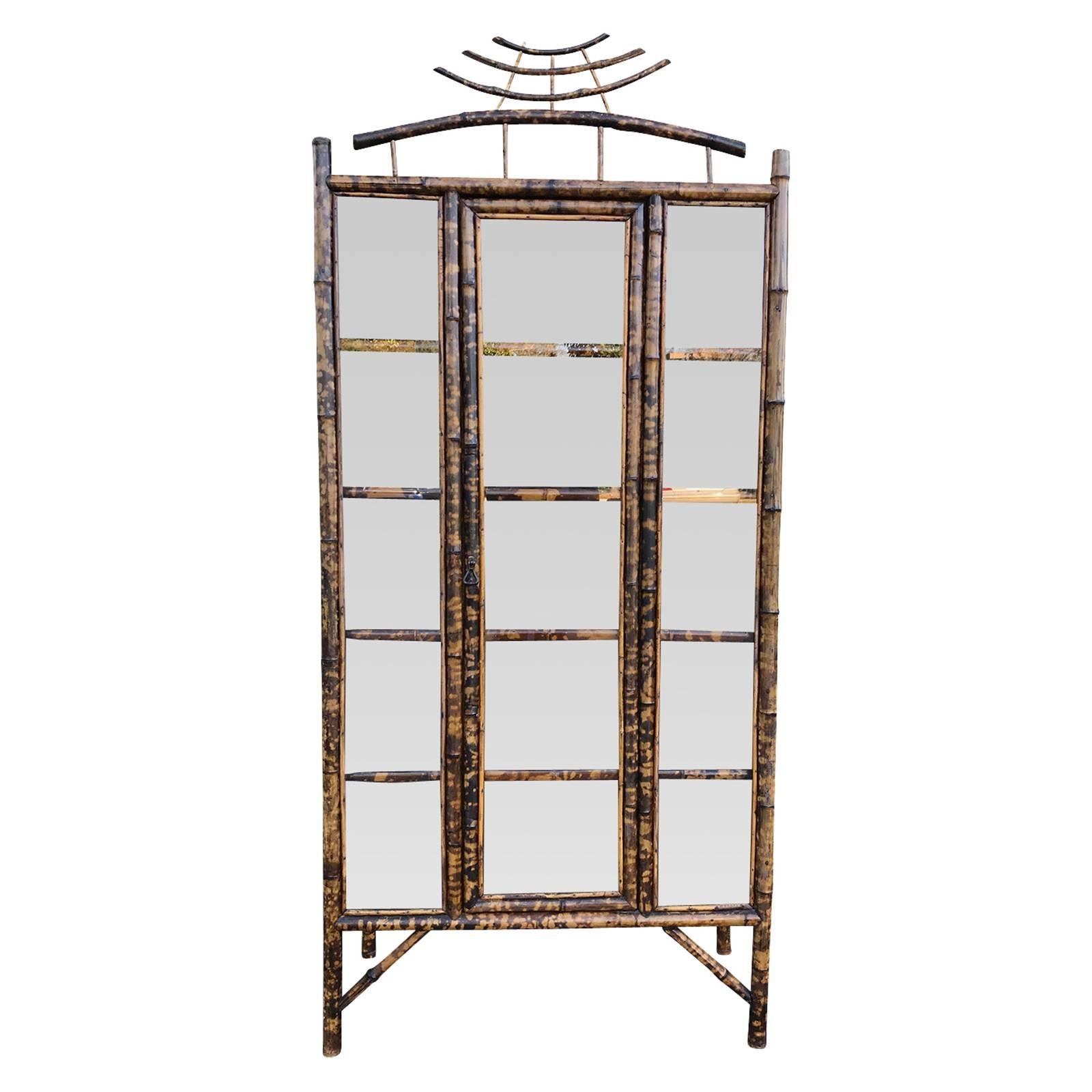 Early 20th Century Bamboo Display Cabinet, Glass Door, Five Shelves