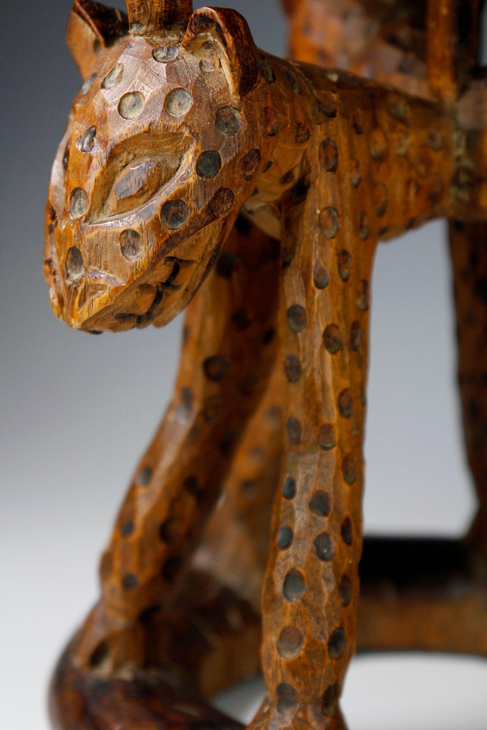 Carved Early 20th Century Bamileke Stool Featuring Leopards, Cameroon