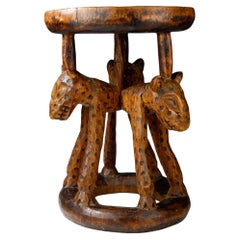 Early 20th Century Bamileke Stool Featuring Leopards, Cameroon