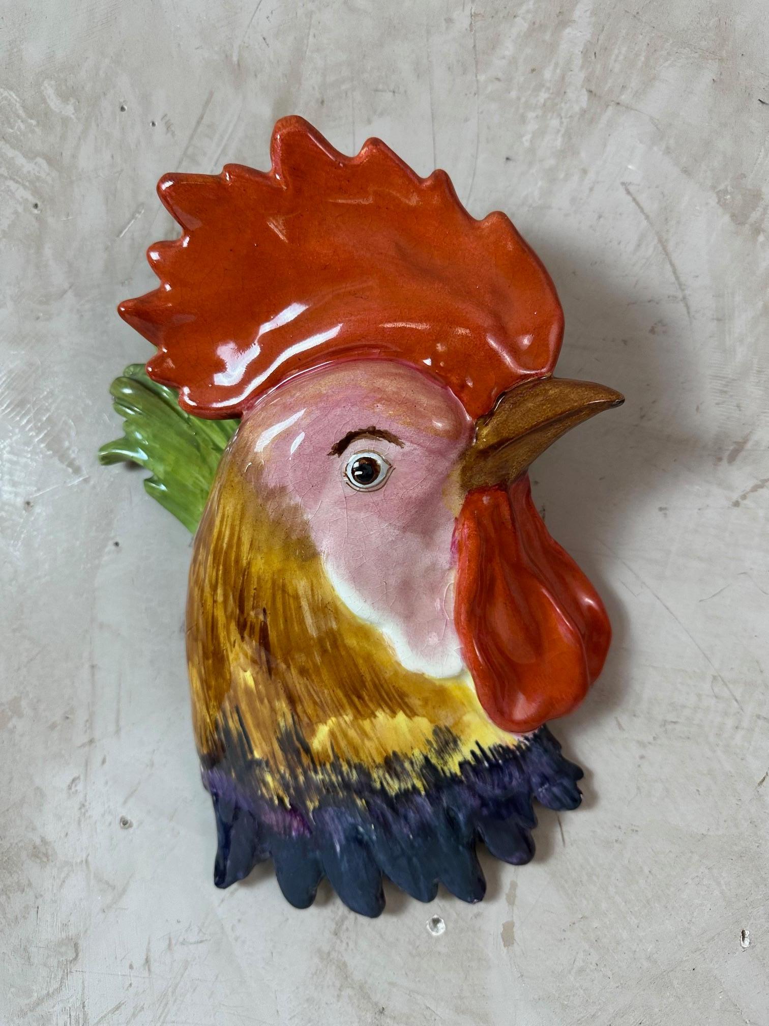 French Early 20th century Barbotine Rooster Head Wall Flower Vase, 1900s For Sale