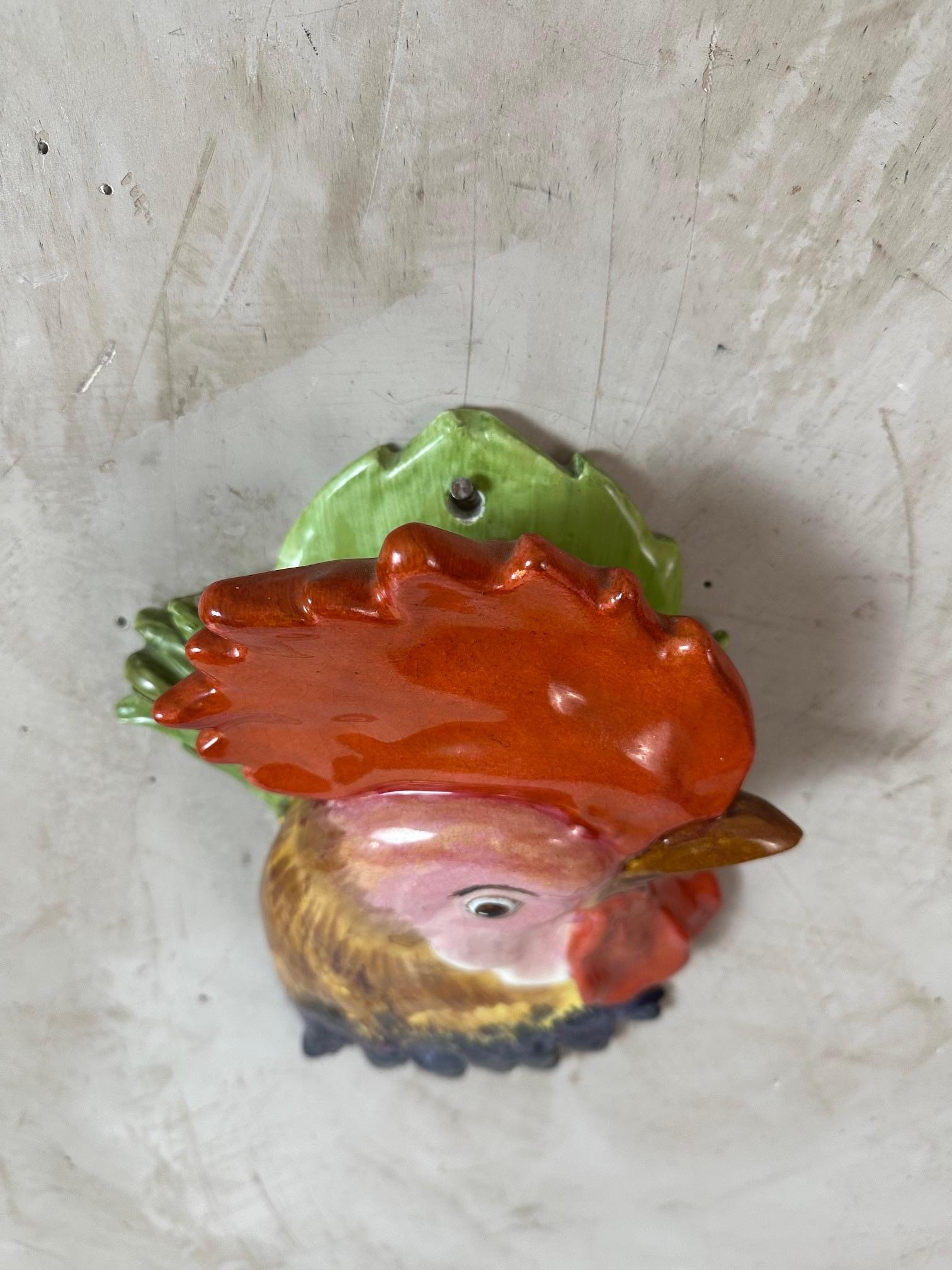 20th Century Early 20th century Barbotine Rooster Head Wall Flower Vase, 1900s For Sale