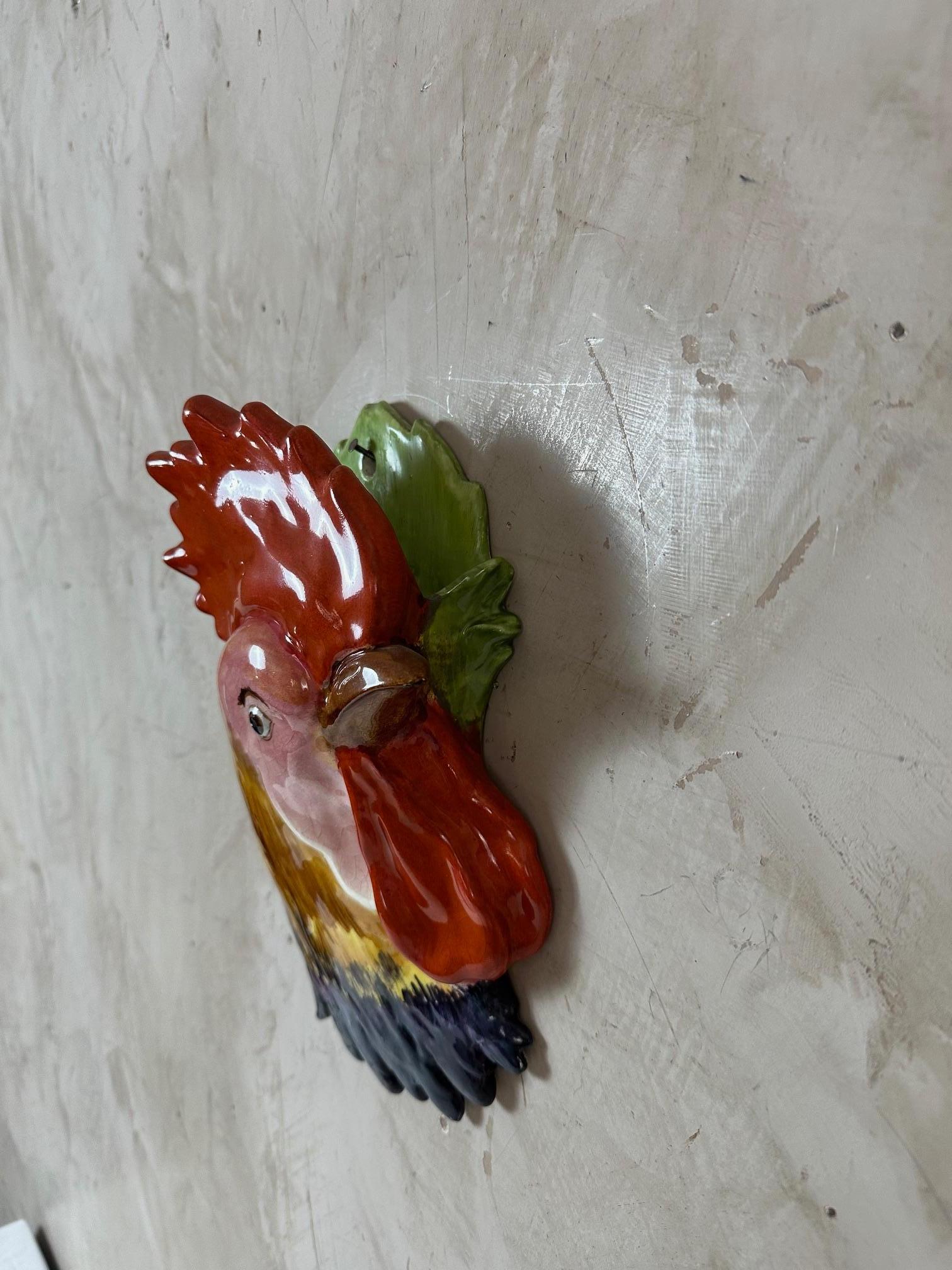 Earthenware Early 20th century Barbotine Rooster Head Wall Flower Vase, 1900s For Sale