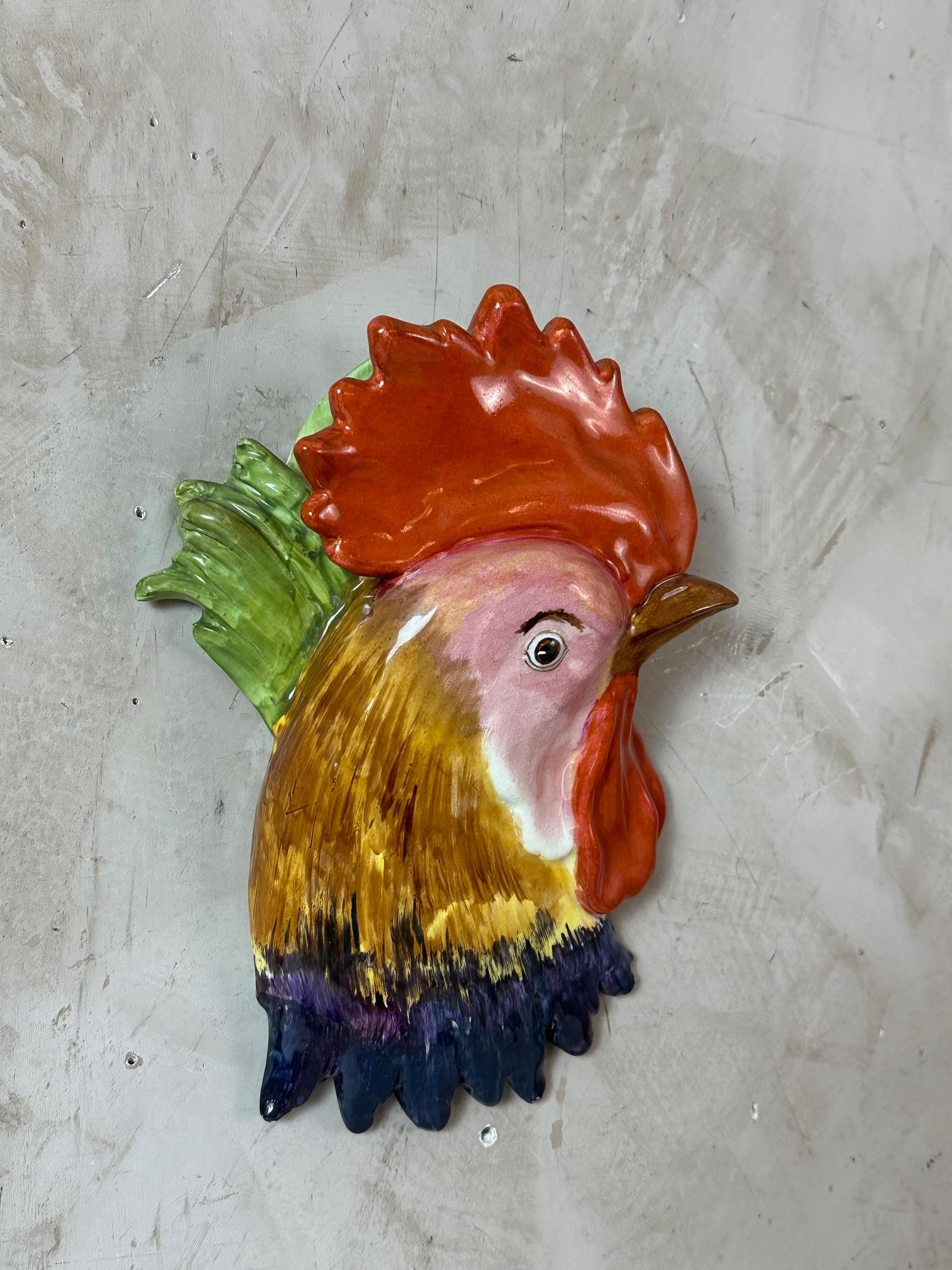 Early 20th century Barbotine Rooster Head Wall Flower Vase, 1900s For Sale 1