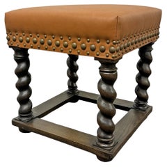 Early 20th Century Barley Twist Leather Upholstered Stool