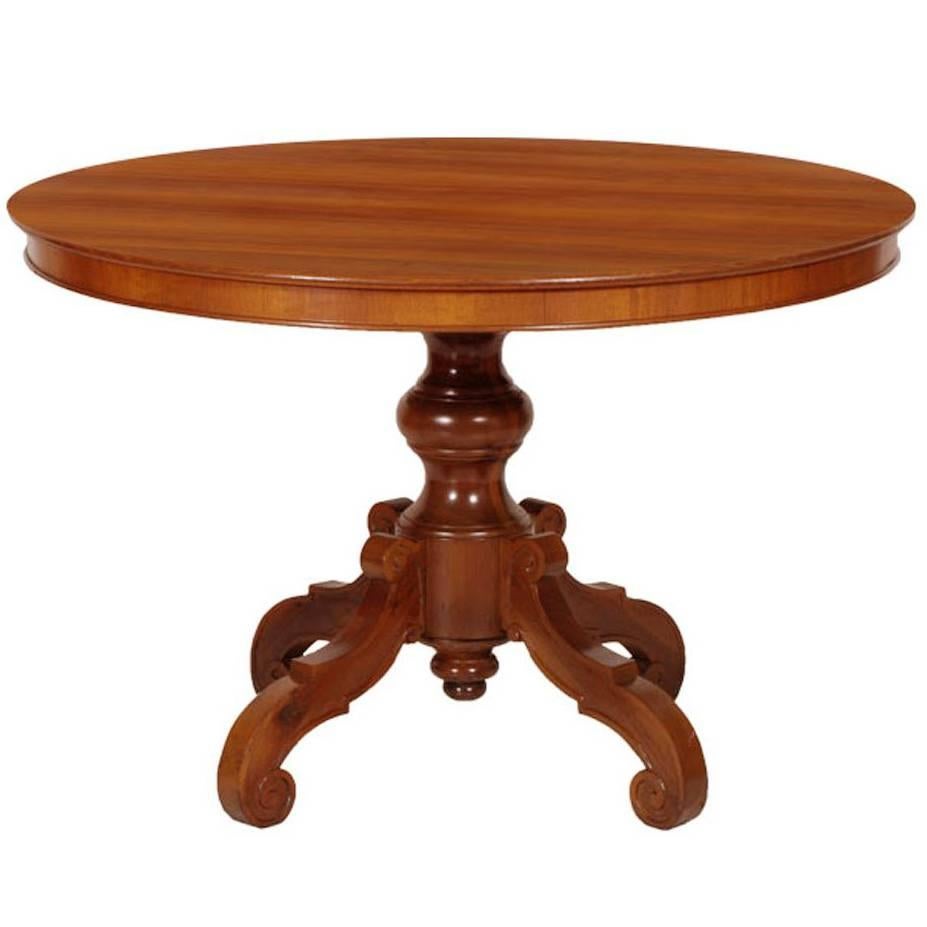 Early 20th Century Baroque Round Table, Hand-Carved Walnut, Walnut Veneer Top