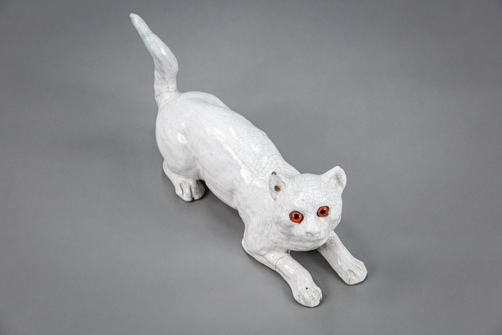 Bavent tin glaze roof cat original glass eyes, historical damage to both tail and front right paw. Light crazing to the surface, France, 20th century.
Dimensions: 36cm x 19cm x 12cm. 
 