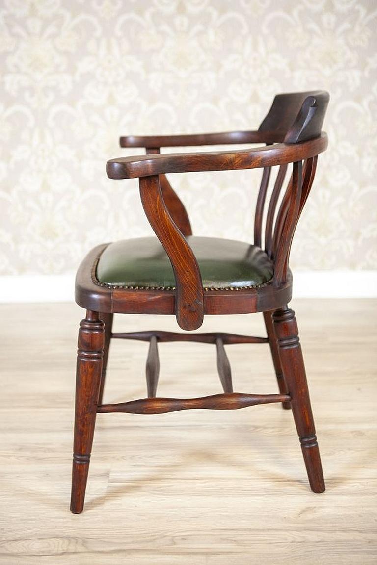 Early-20th Century Beech Desk Chair with Leather Seat In Good Condition In Opole, PL