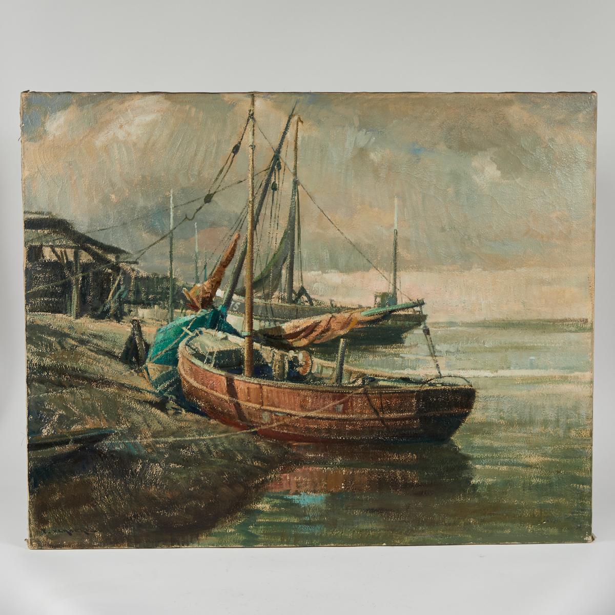 Peinture sur toile belge du début du 20e siècle représentant des bateaux en vente 5