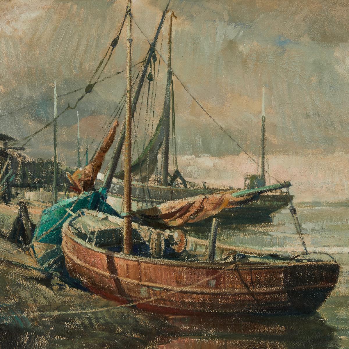 Unframed nautical early 20th-century Belgian oil painting on canvas. An atmospheric piece depicting boats resting on the shore. With its dusky marine palette, the scene emphasizes a quality of reflection. 

Belgium, circa 1900

Dimensions: 49W x 3D