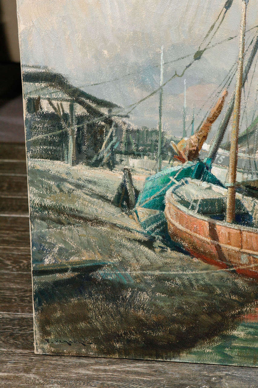 Painted Early 20th Century Belgian Canvas Painting of Boats For Sale