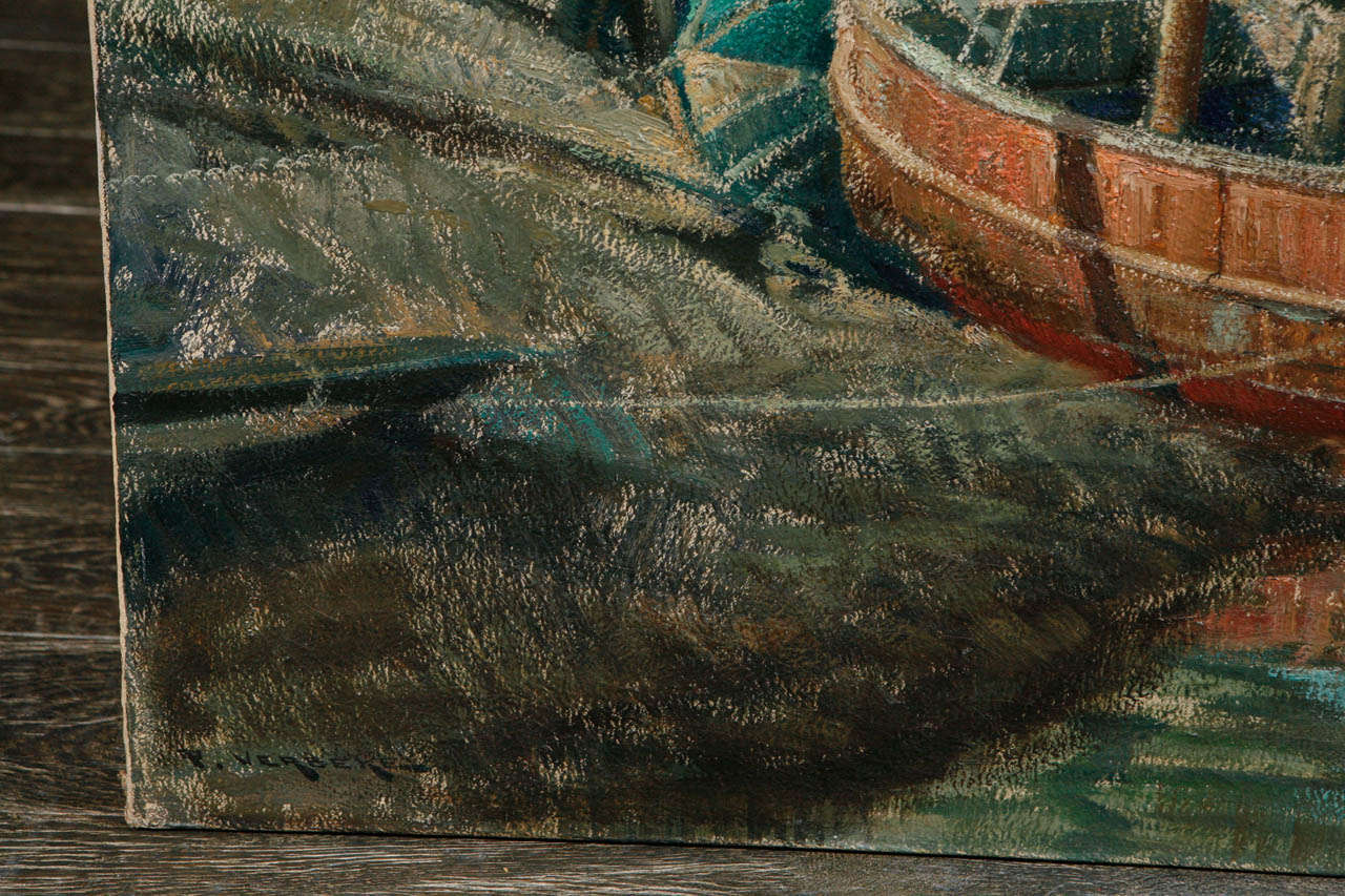 Early 20th Century Belgian Canvas Painting of Boats In Good Condition For Sale In Los Angeles, CA