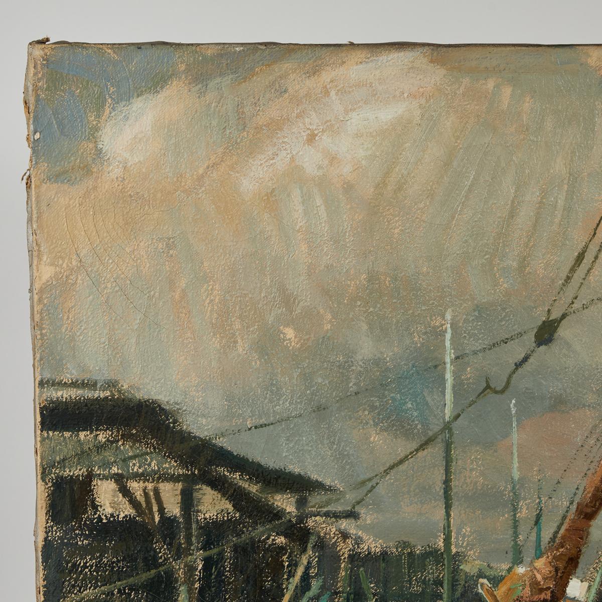 Toile Peinture sur toile belge du début du 20e siècle représentant des bateaux en vente
