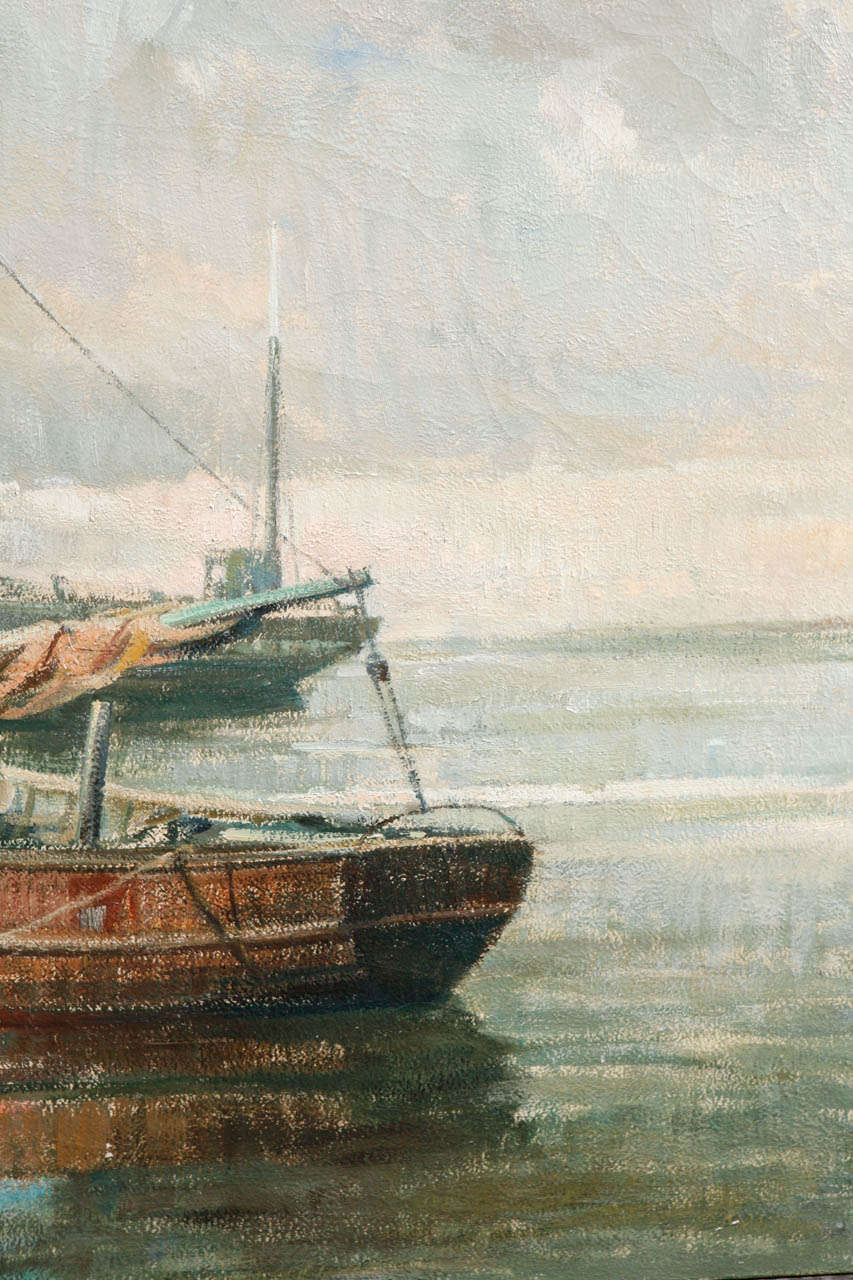 Peinture sur toile belge du début du 20e siècle représentant des bateaux en vente 2