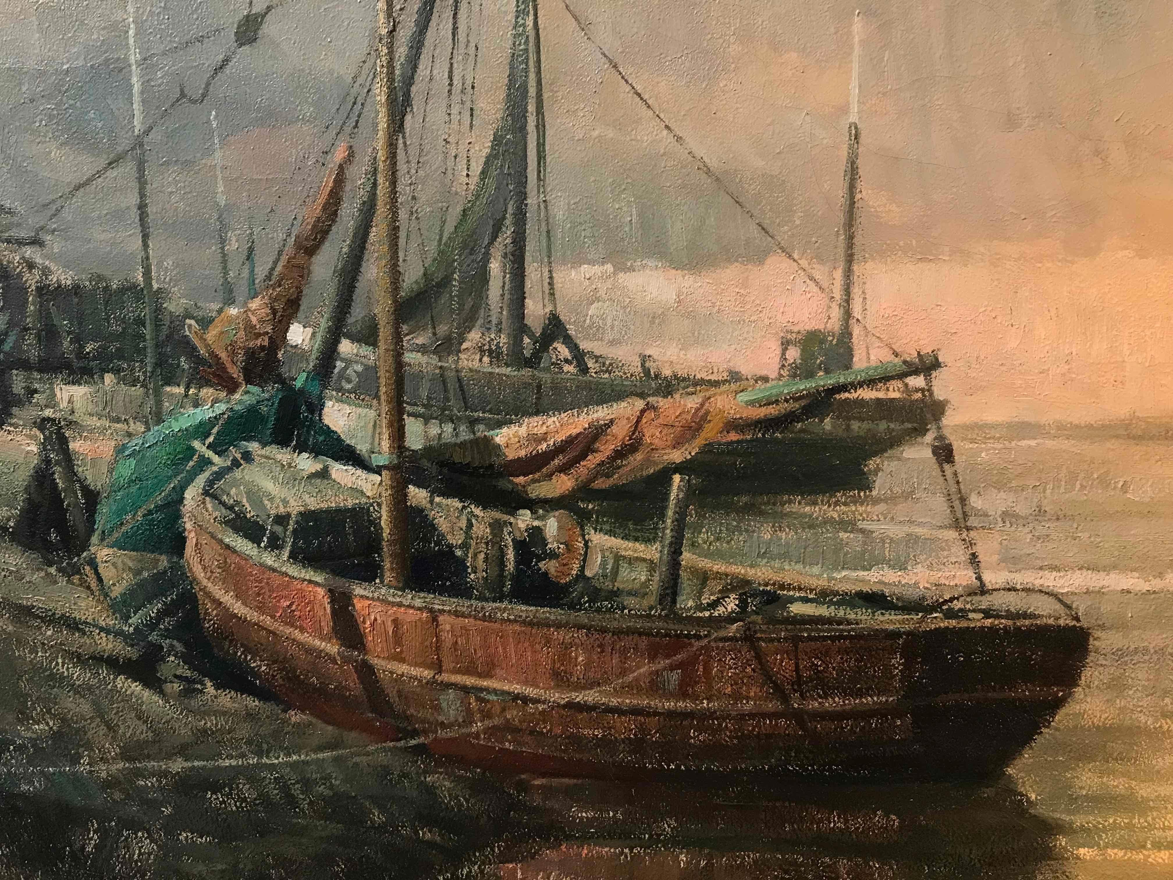 Early 20th Century Belgian Canvas Painting of Boats 5