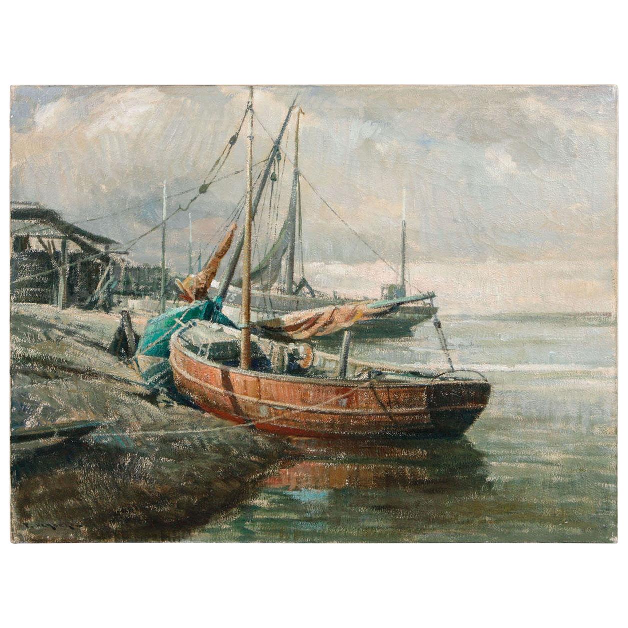 Peinture sur toile belge du début du 20e siècle représentant des bateaux en vente