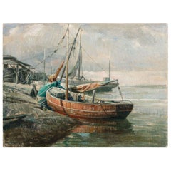 Early 20th Century Belgian Canvas Painting of Boats