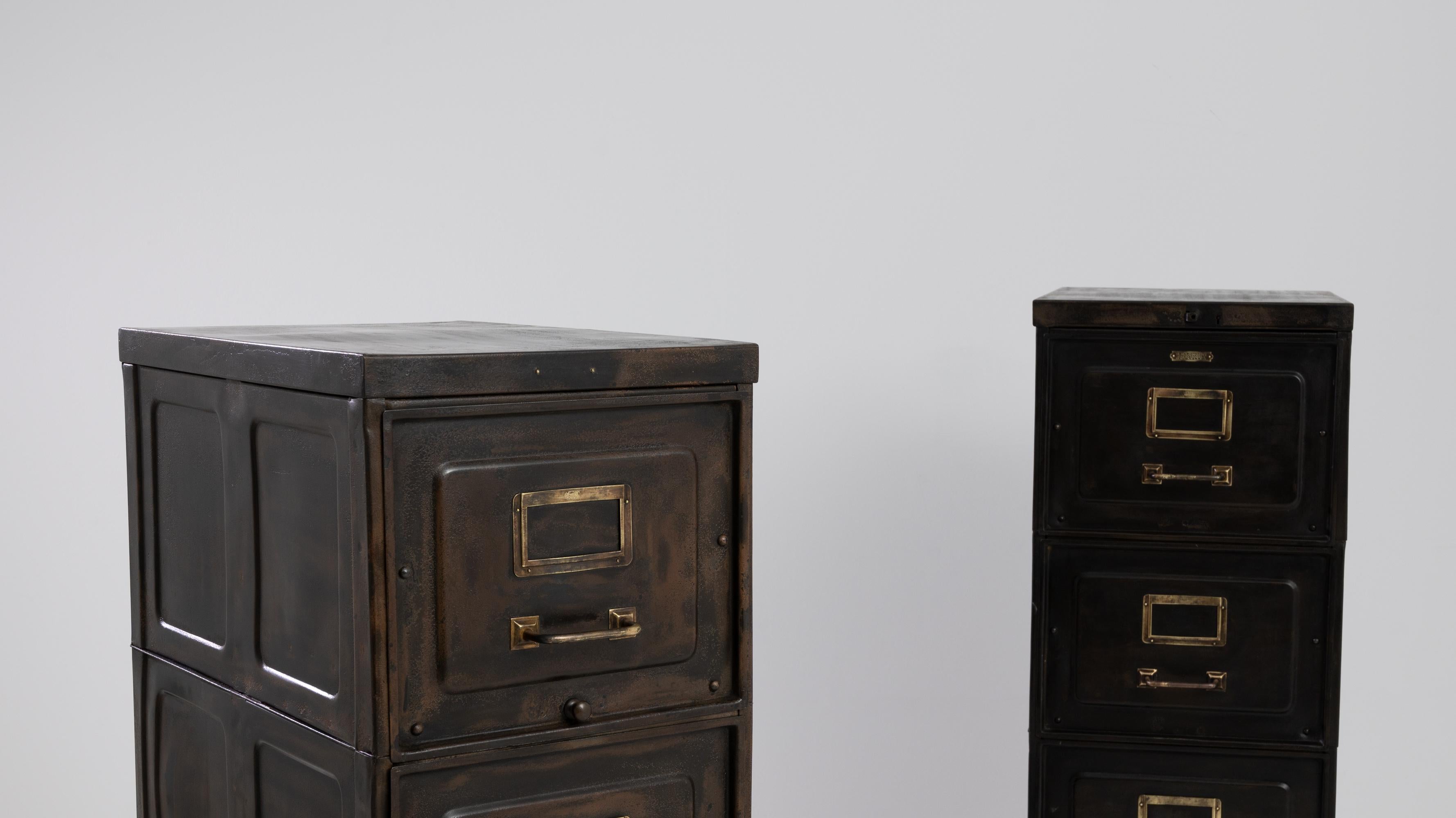 Modern Early 20th Century Belgian Industrial Metal File Cabinets, a Pair