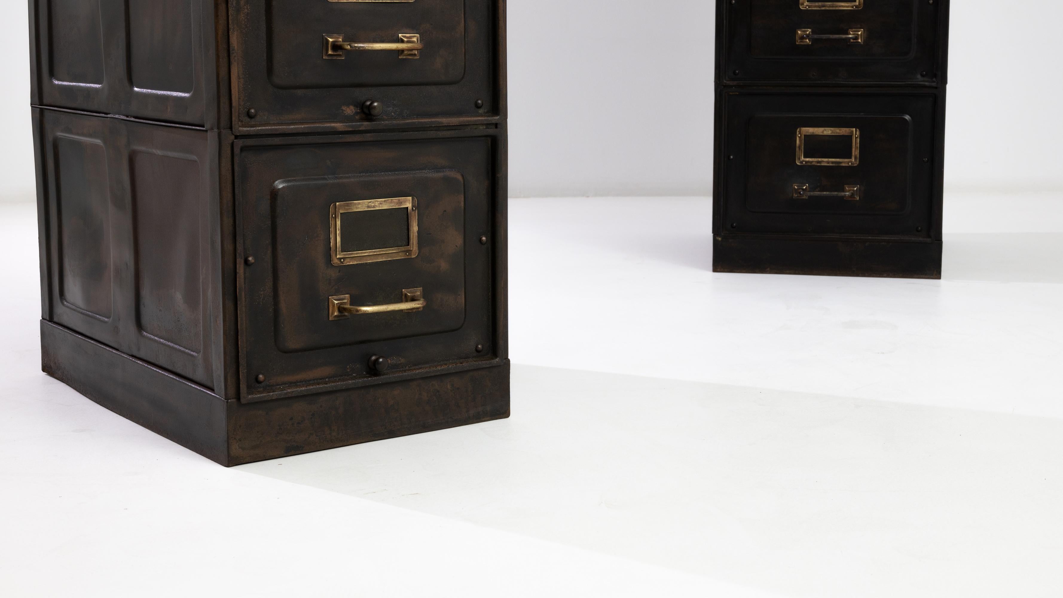 Early 20th Century Belgian Industrial Metal File Cabinets, a Pair In Good Condition In High Point, NC