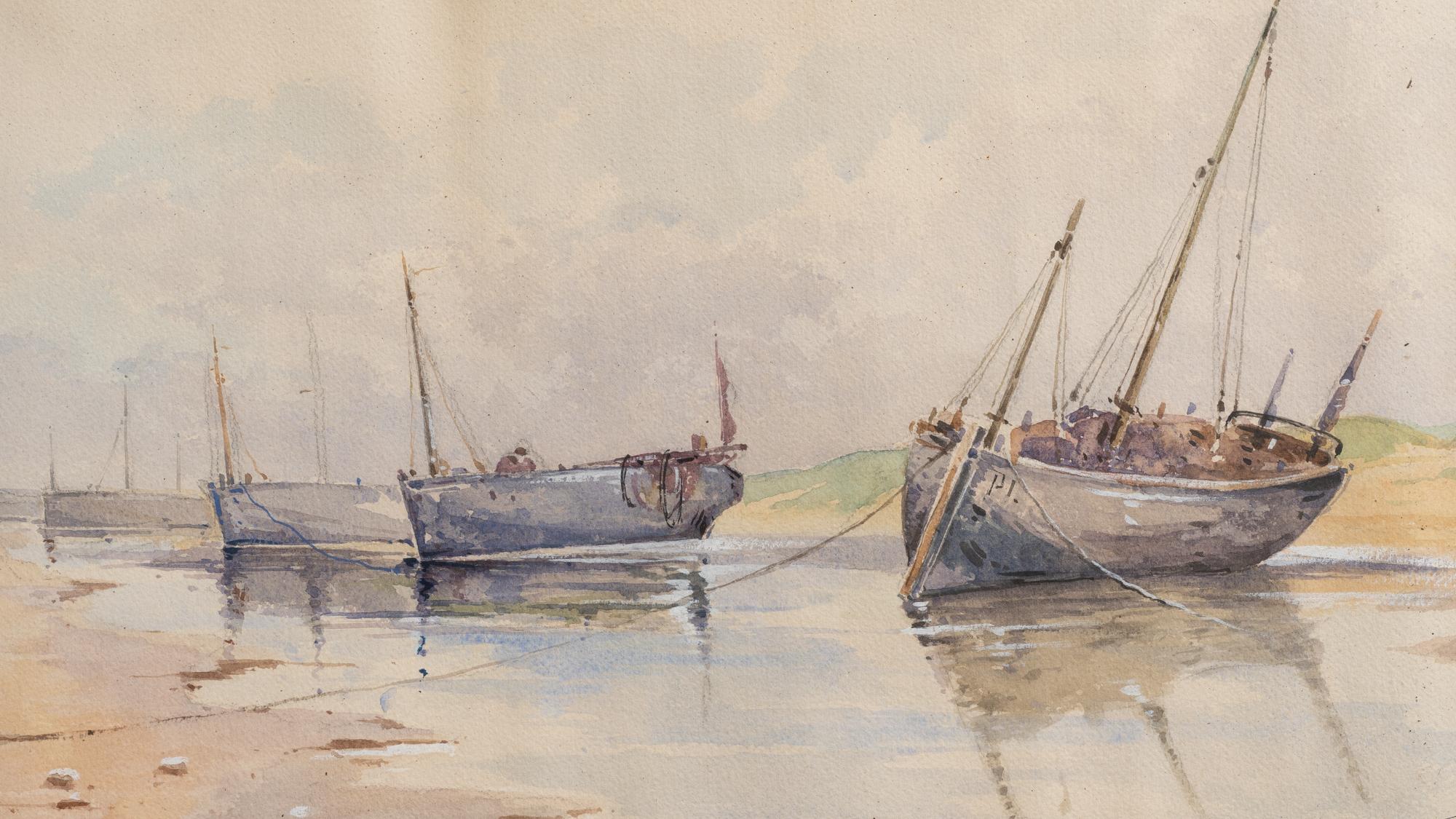 This early 20th Century Belgian painting is a serene portrayal of maritime tranquility, inviting the viewer to a moment of quiet contemplation. The artwork features a delicate watercolor scene, where gentle boats sway on a calm, reflective water
