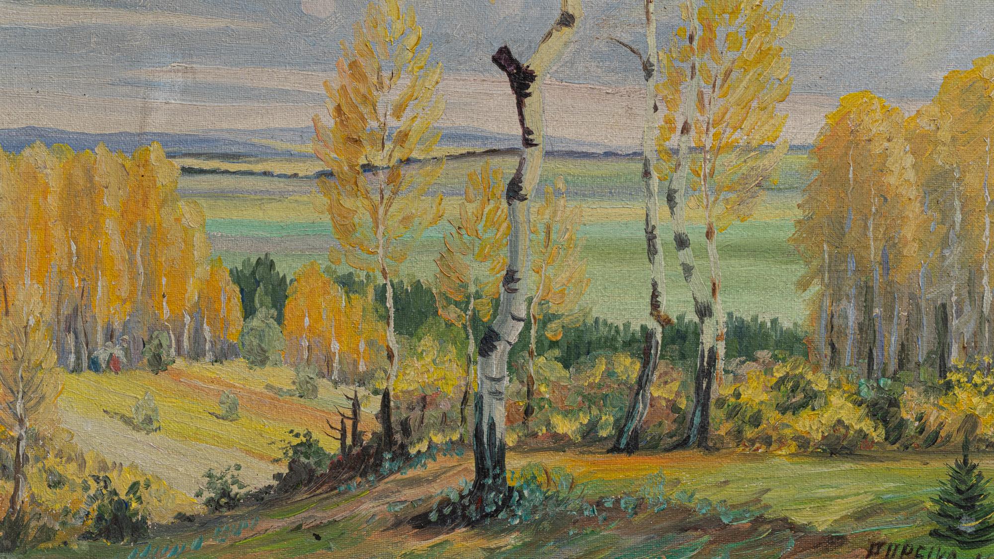 Bathed in the warm glow of autumn, this early 20th Century Belgian painting captures the essence of fall's splendor. The scene is a rich tapestry of golden-hued trees, standing tall and proud, their leaves a dance of yellow and amber against a