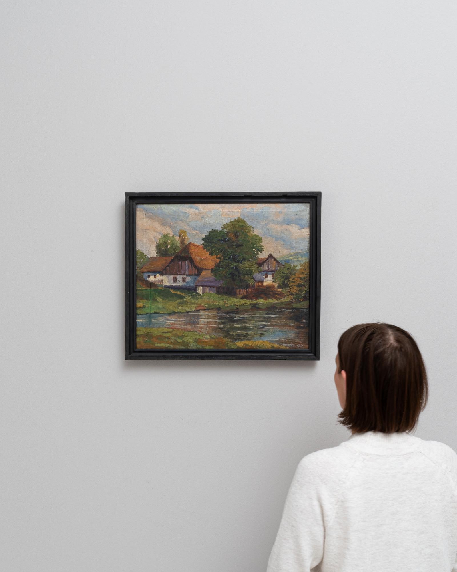 This charming early 20th Century Belgian painting captures the idyllic essence of rural life. The artwork portrays a quaint village scene, where cozy cottages with thatched roofs nestle amidst lush greenery, reflecting a serene existence by the