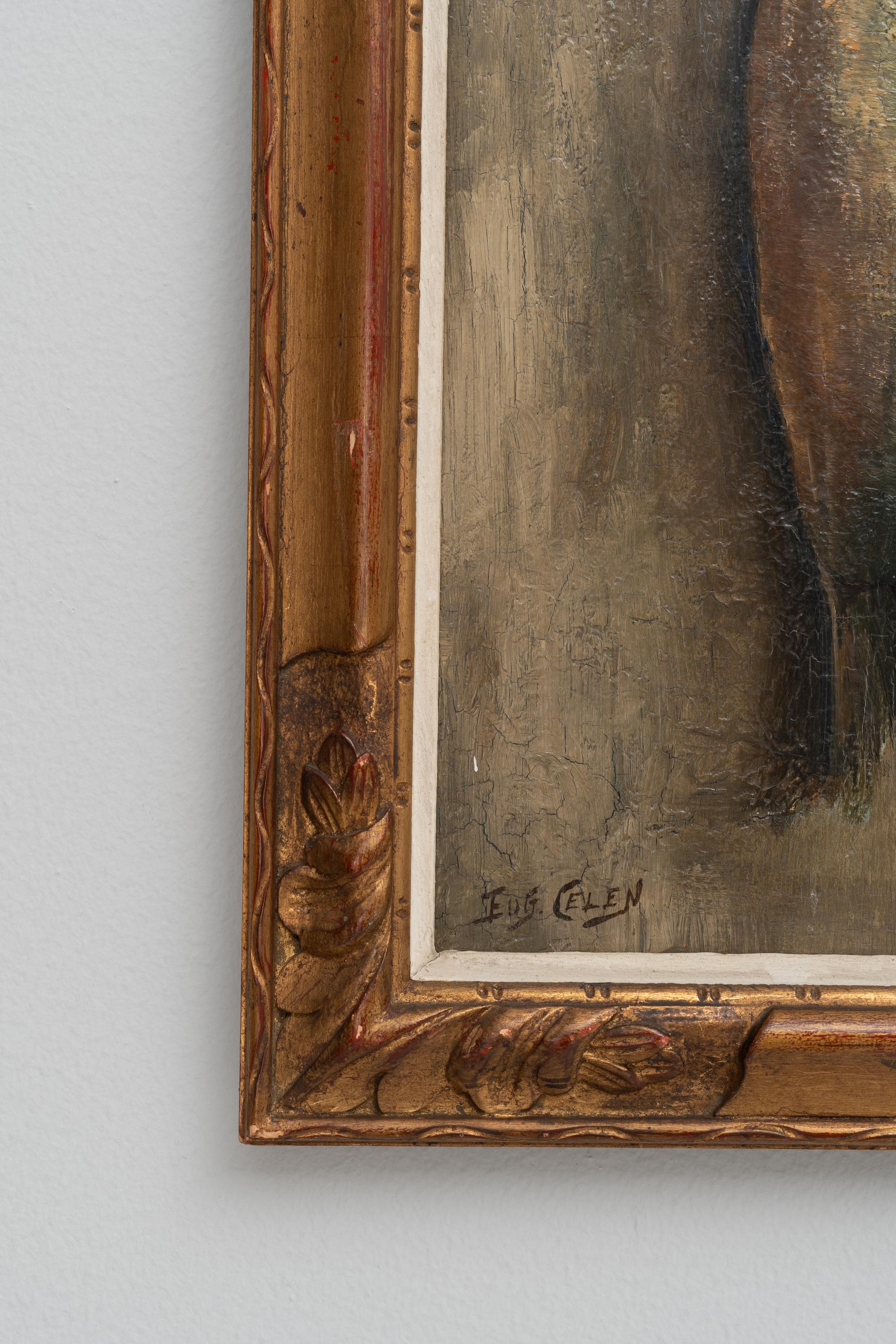 Cette peinture belge du début du XXe siècle est une représentation saisissante de la vie culinaire rustique, avec pour sujet central une paire de poissons suspendus. Le style réaliste de la peinture capture les textures scintillantes des poissons,