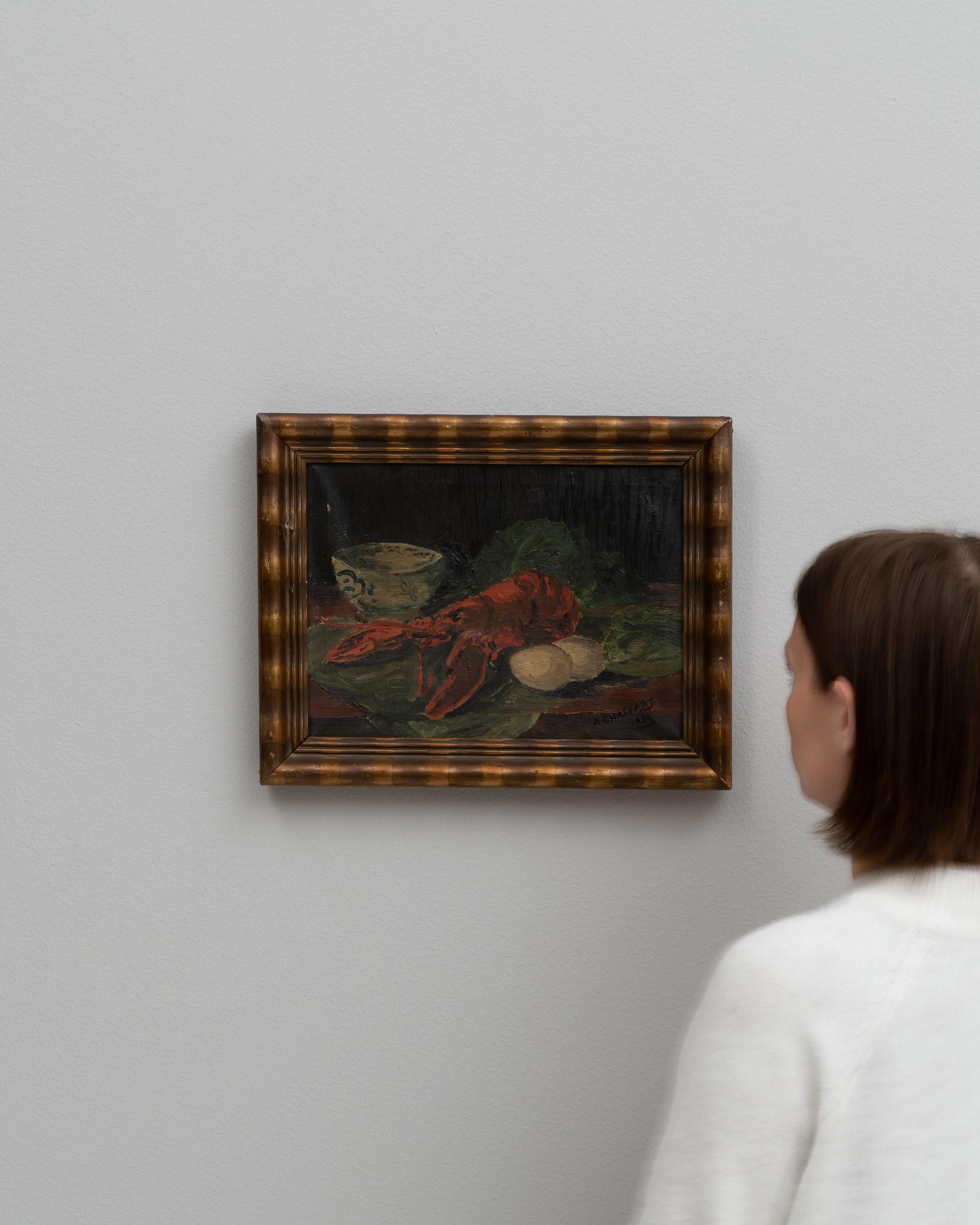 This evocative early 20th-century Belgian painting captures a rich, moody still life with a striking visual impact. The deep, dark tones set a dramatic backdrop for the vibrant red of the lobster, which becomes the undeniable focal point of the
