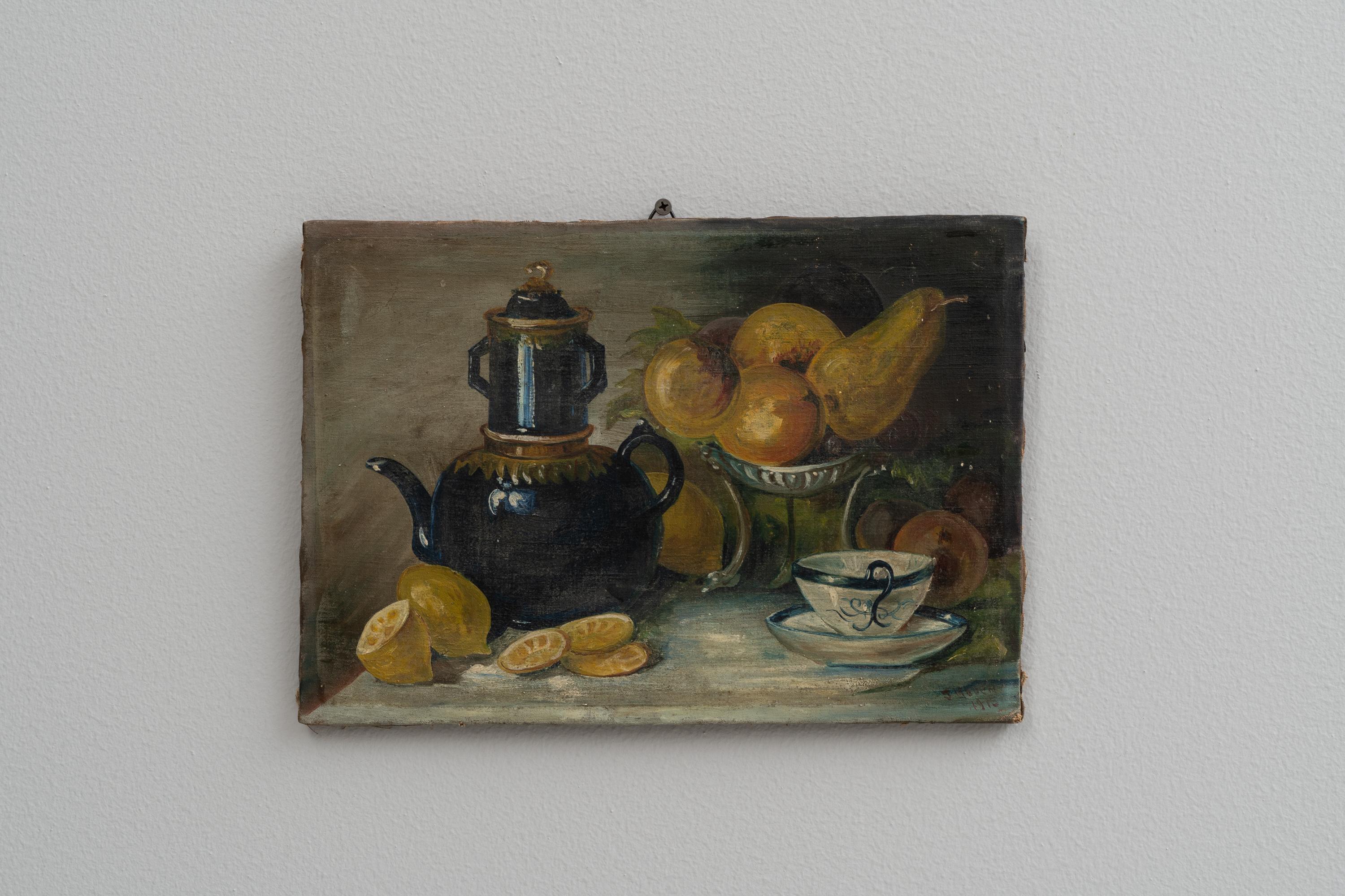This early 20th Century Belgian painting is a captivating still life that beautifully portrays a domestic scene of leisure and refreshment. The artwork features a meticulously painted teapot, cup, and a bowl of vibrant, ripe fruit, inviting the