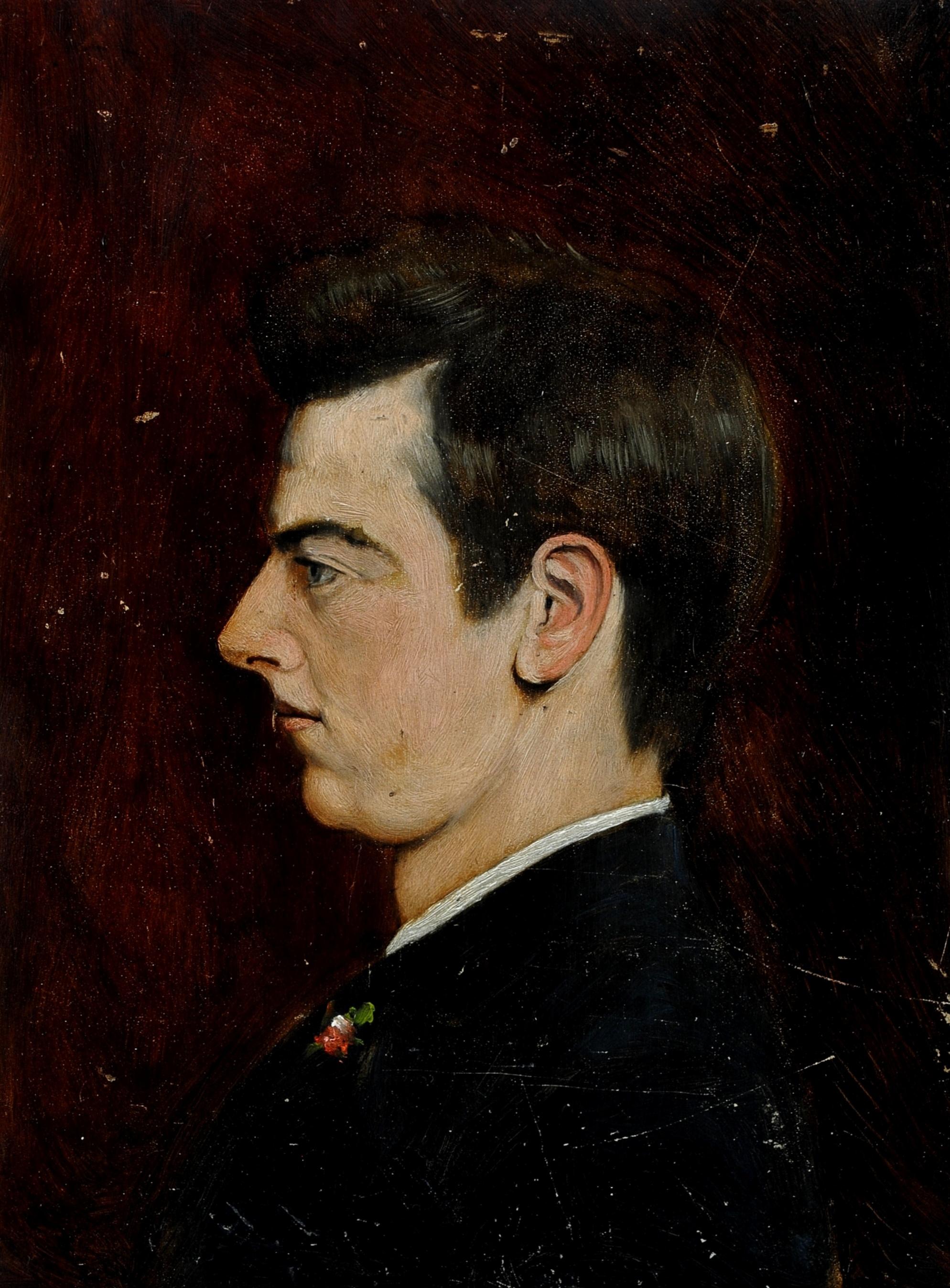 Ritratto di giovane gentiluomo - Antico dipinto belga a olio su pannello - Painting di Early 20th Century Belgian School