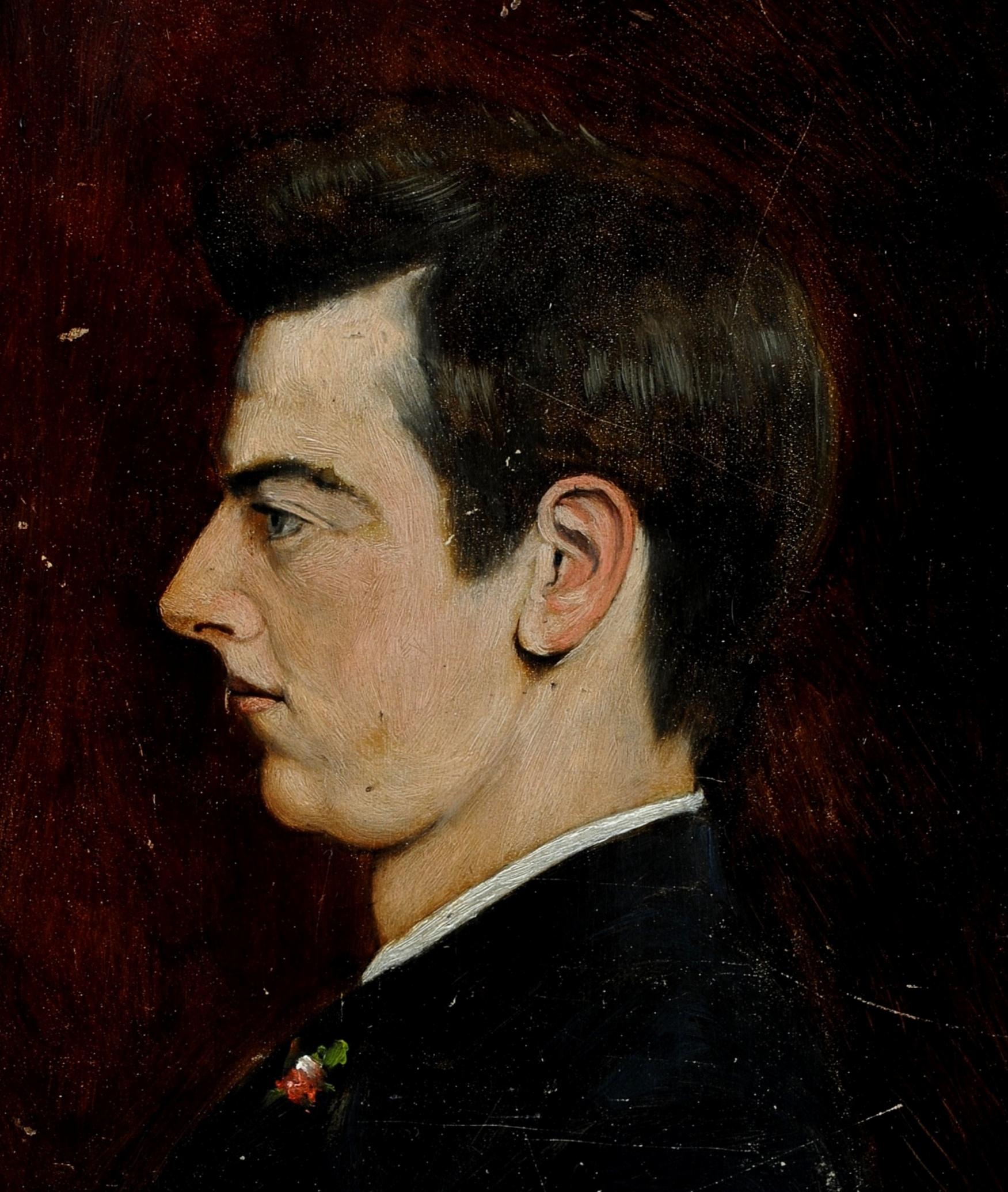 Un incantevole ritratto su pannello in mogano, realizzato all'inizio del XX secolo, di un giovane gentiluomo che indossa un fiore nel bavero della giacca.

Ritratto sensibile e ben dipinto del giovane gentiluomo. Timbro di Bruxelles sul retro del