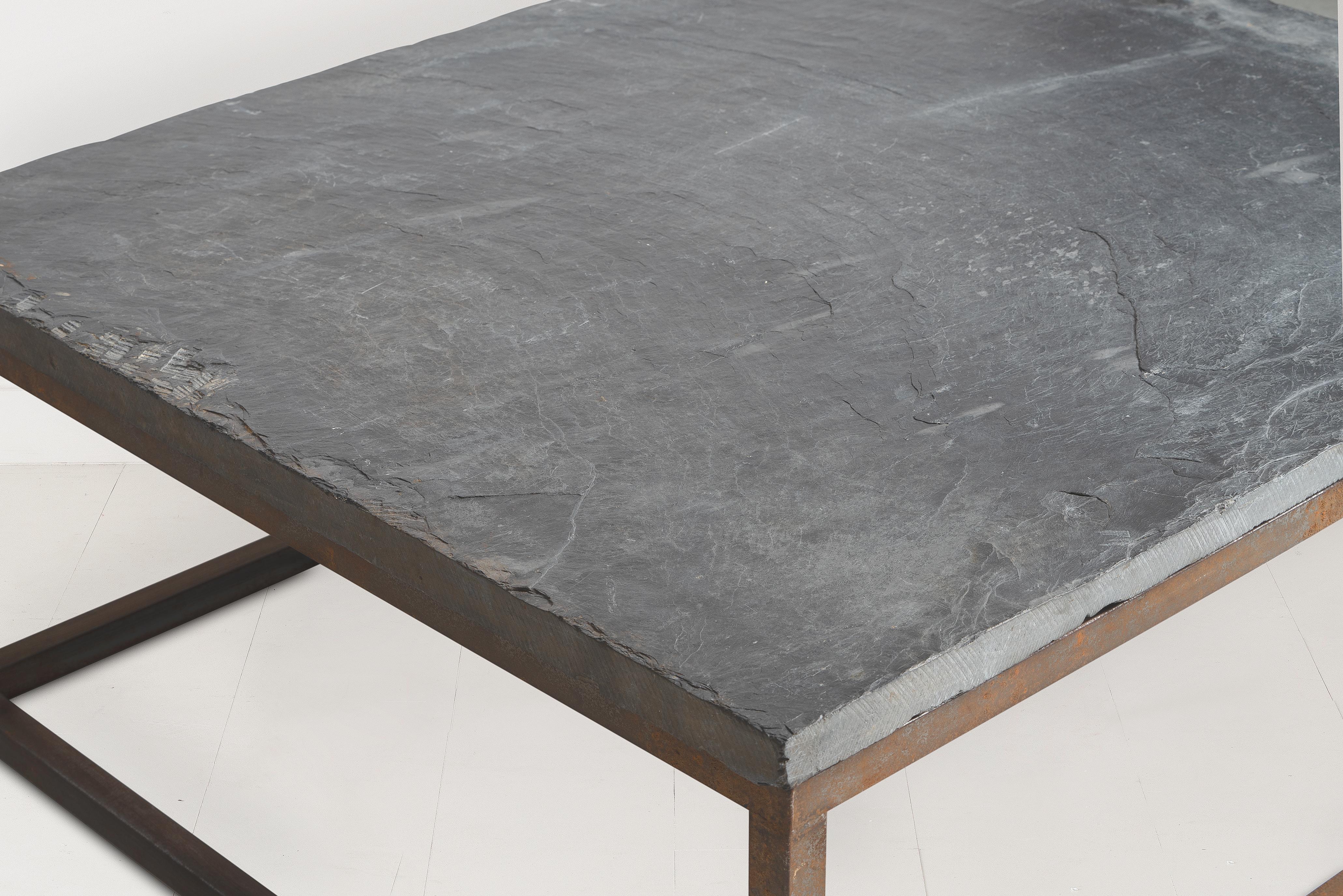 Metal Early 20th Century Belgian Slate Joined with New Iron Coffee Table Base