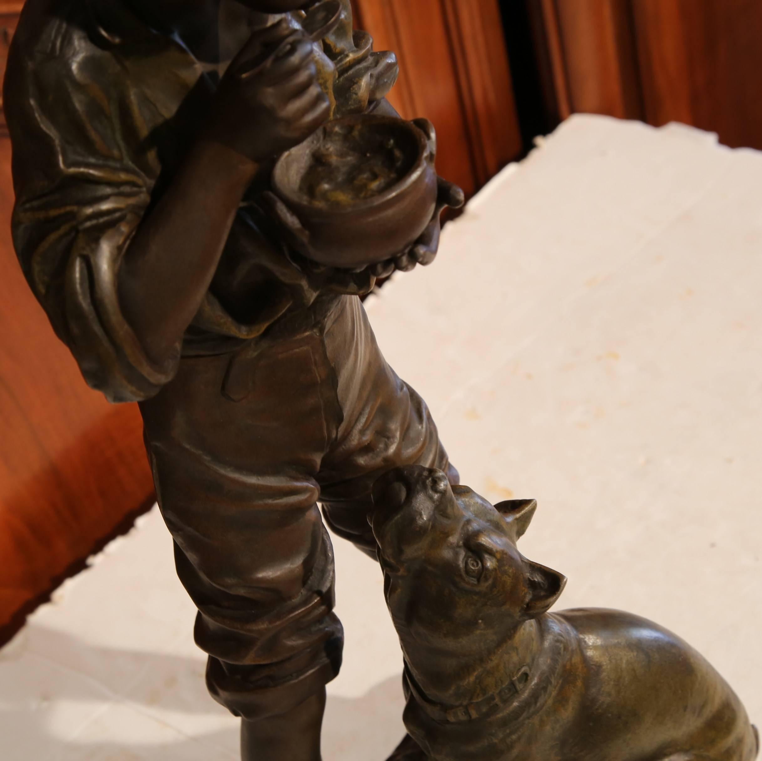 Belgian Early 20th Century Belgium Spelter Boy and Dog Sculpture Signed V. Rousseau 1932