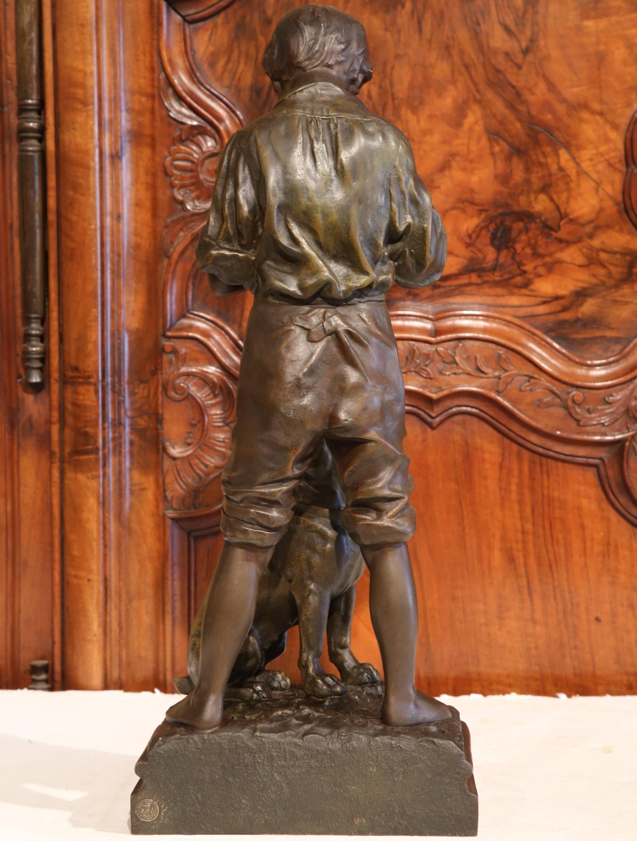 Early 20th Century Belgium Spelter Boy and Dog Sculpture Signed V. Rousseau 1932 In Excellent Condition In Dallas, TX