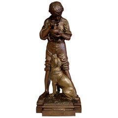 Vintage Early 20th Century Belgium Spelter Boy and Dog Sculpture Signed V. Rousseau 1932