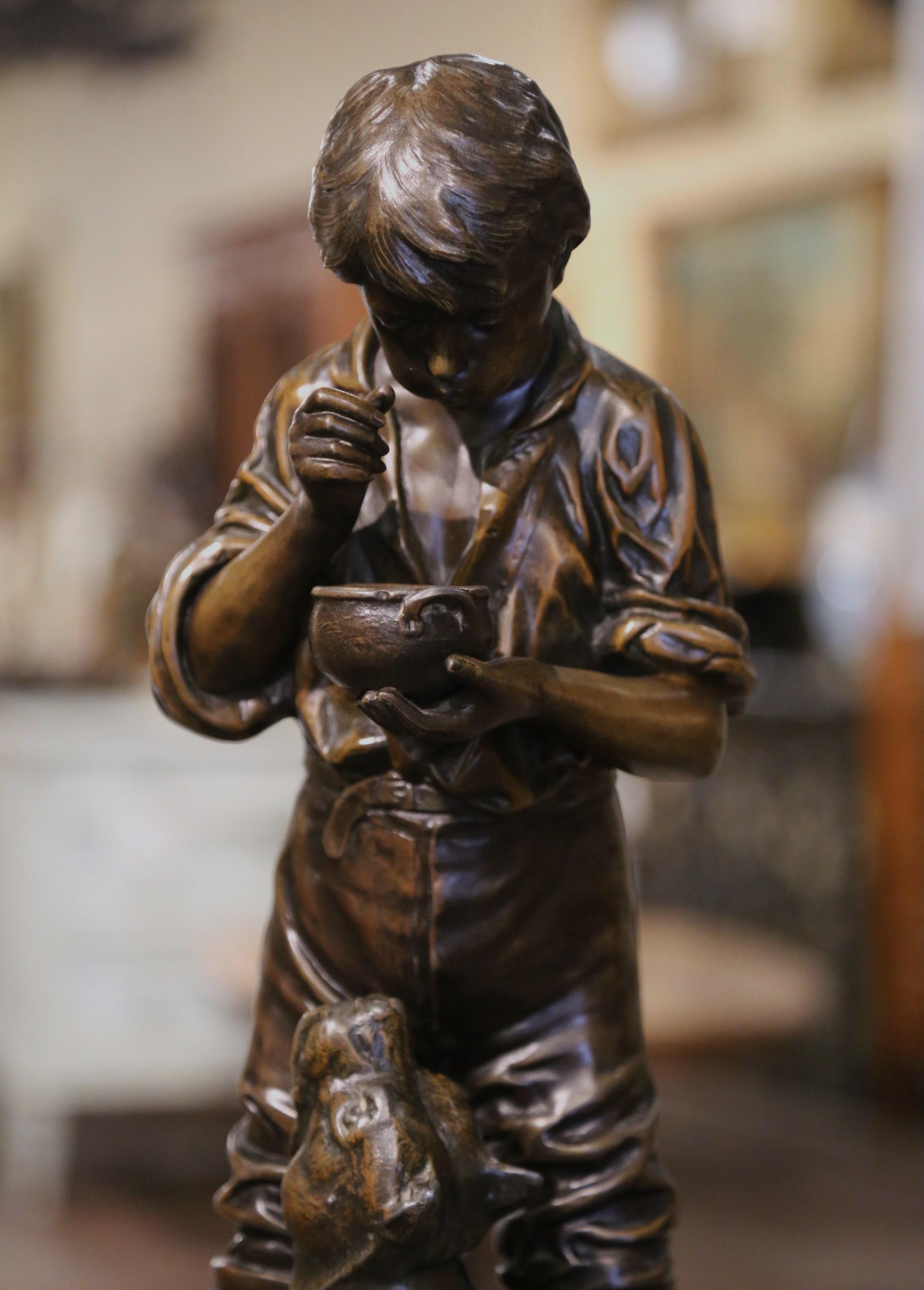 Belgian Early 20th Century Belgium Spelter Boy and Dog Sculpture Signed V. Rousseau  For Sale