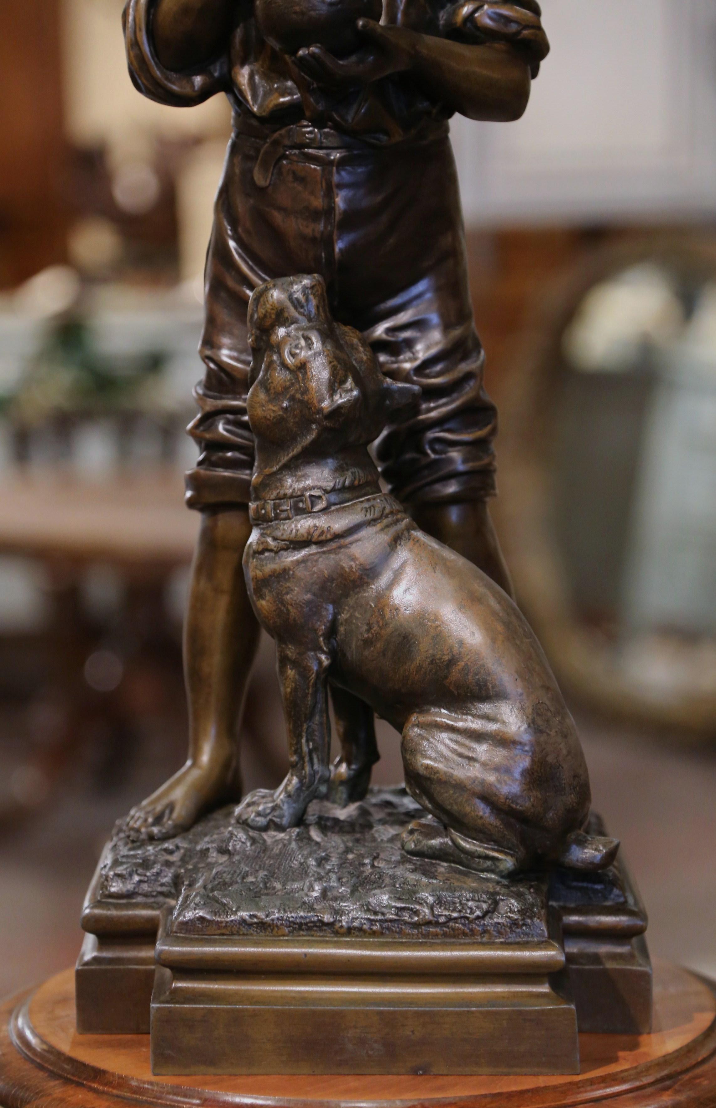 Hand-Crafted Early 20th Century Belgium Spelter Boy and Dog Sculpture Signed V. Rousseau  For Sale