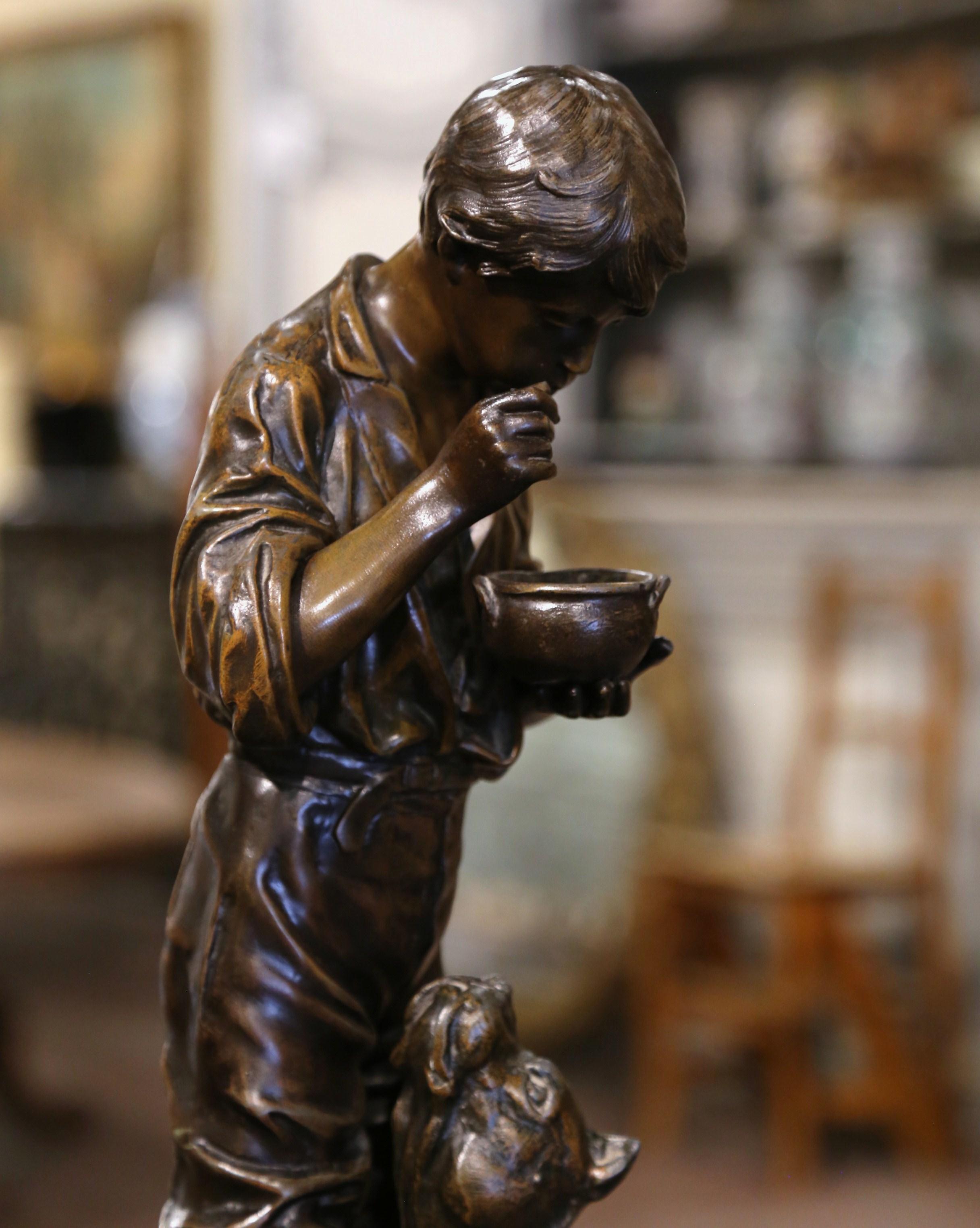 Early 20th Century Belgium Spelter Boy and Dog Sculpture Signed V. Rousseau  For Sale 2