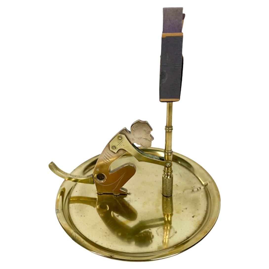 Early 20th Century Bell Metal and Brass Monkey Cigar Cutter w/Match Box Holder For Sale