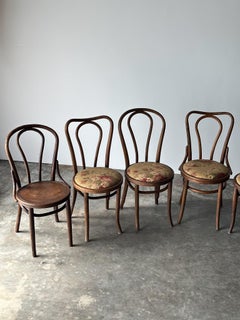 Bentwood Oak Café Chairs W/ Rose Floral Seats, 1933 World's Fair — Set of 7