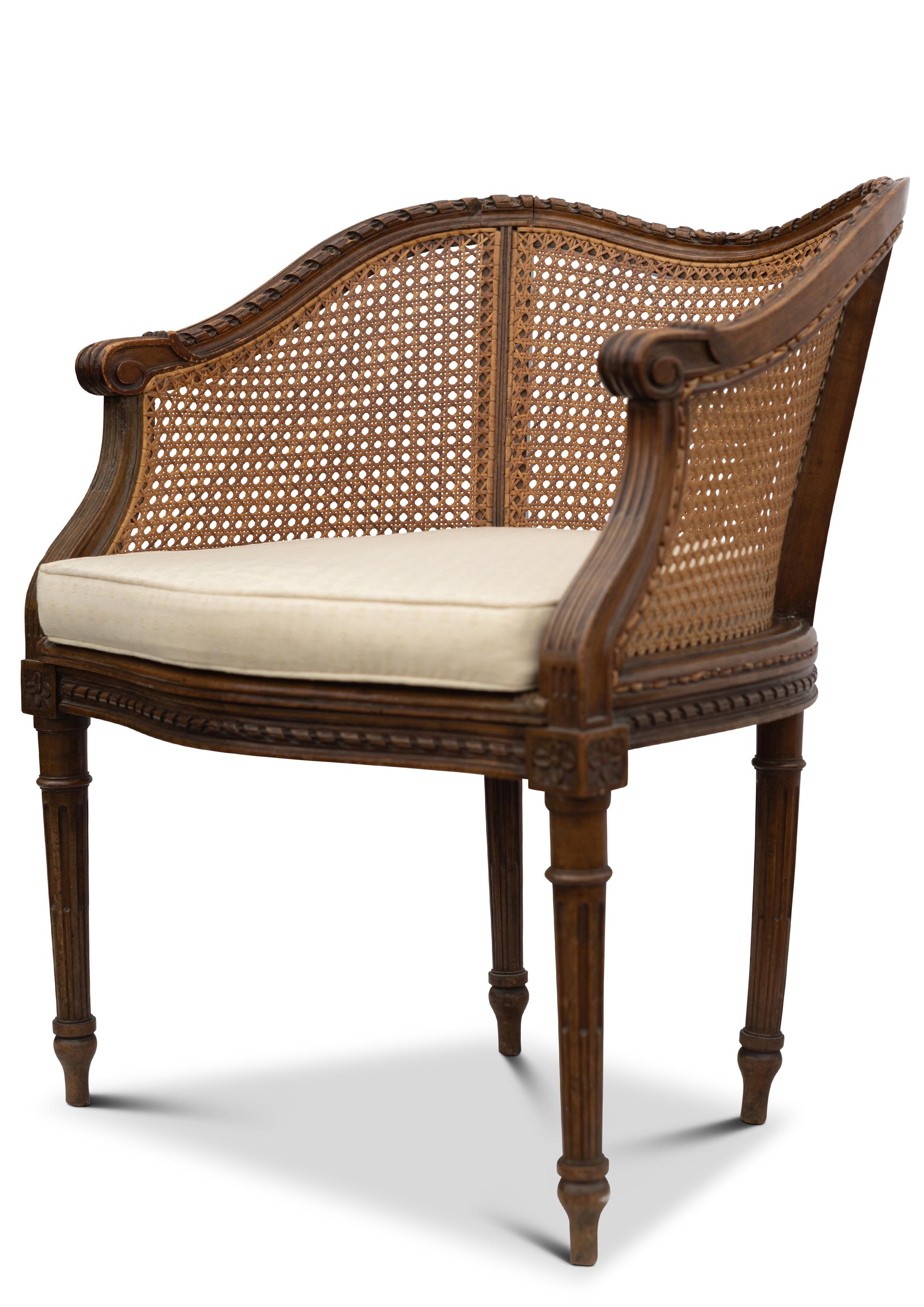 Empire Antique Bergère Beech & Cane Carved Armchair With Cushion & Reeded Legs For Sale