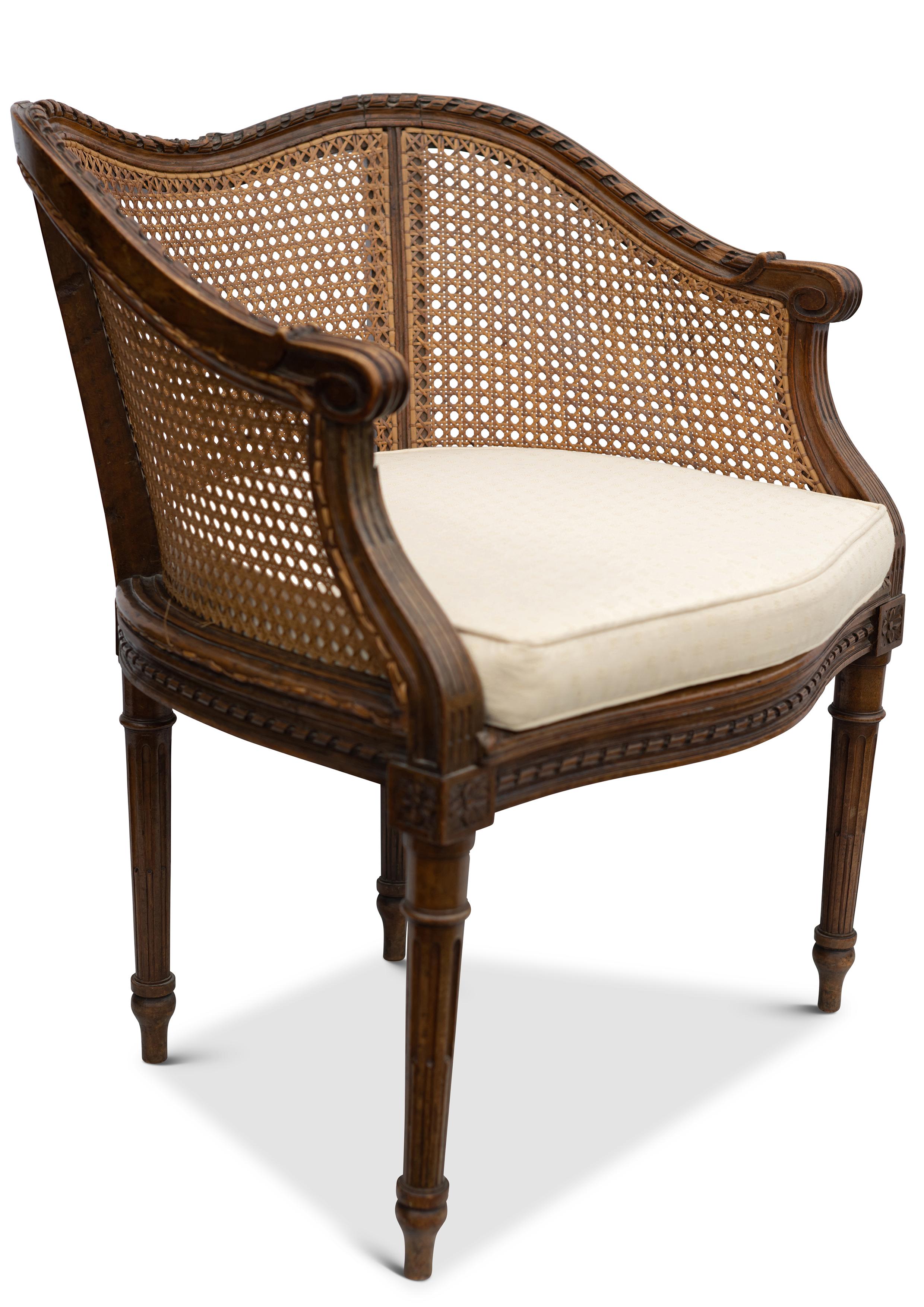Caning Antique Bergère Beech & Cane Carved Armchair With Cushion & Reeded Legs For Sale