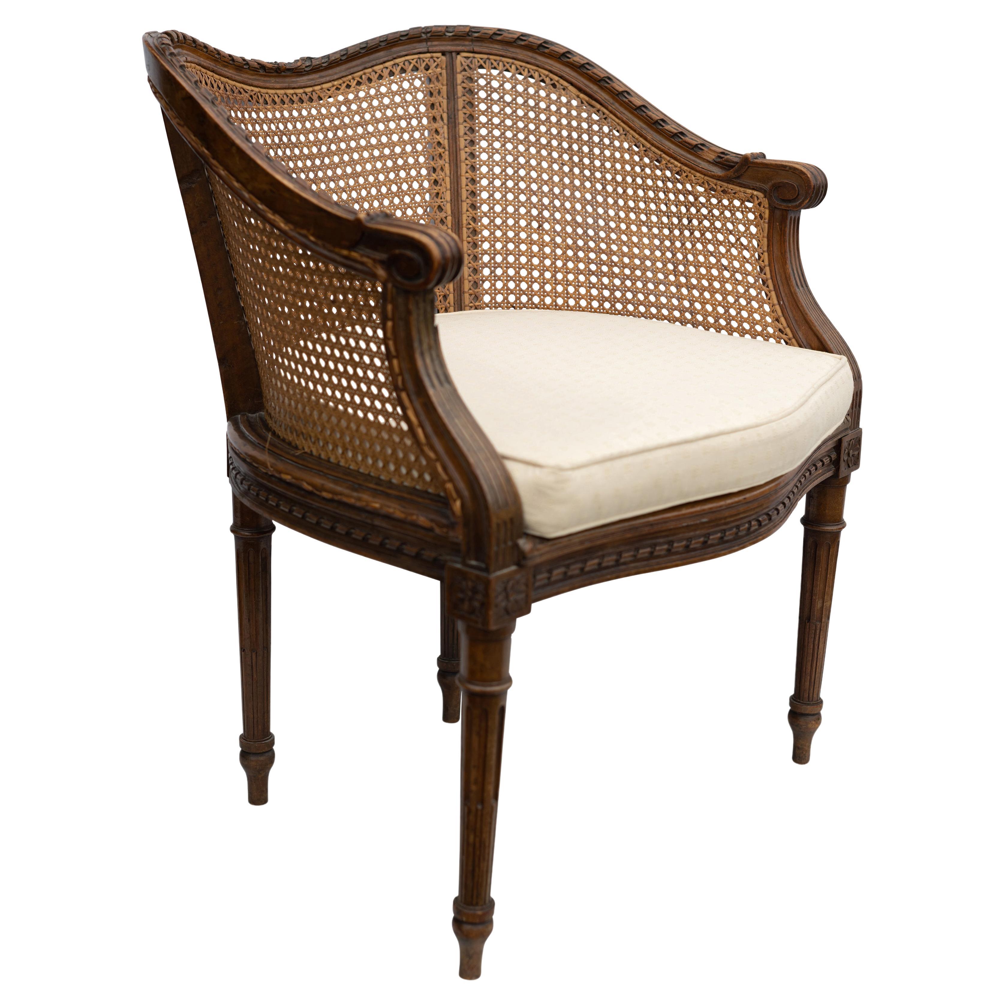 Antique Bergère Beech & Cane Carved Armchair With Cushion & Reeded Legs For Sale