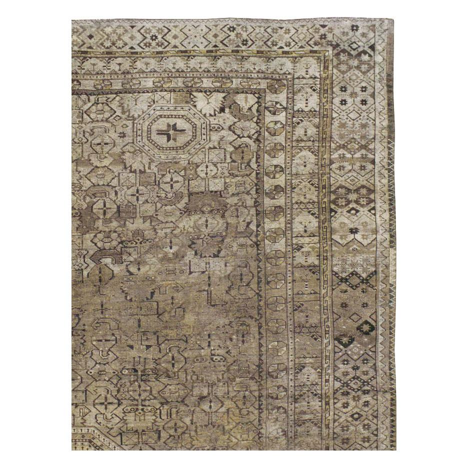 Rustic Early 20th Century Beshir Large Room Size Tribal Rug in Neutral Earth Tones For Sale
