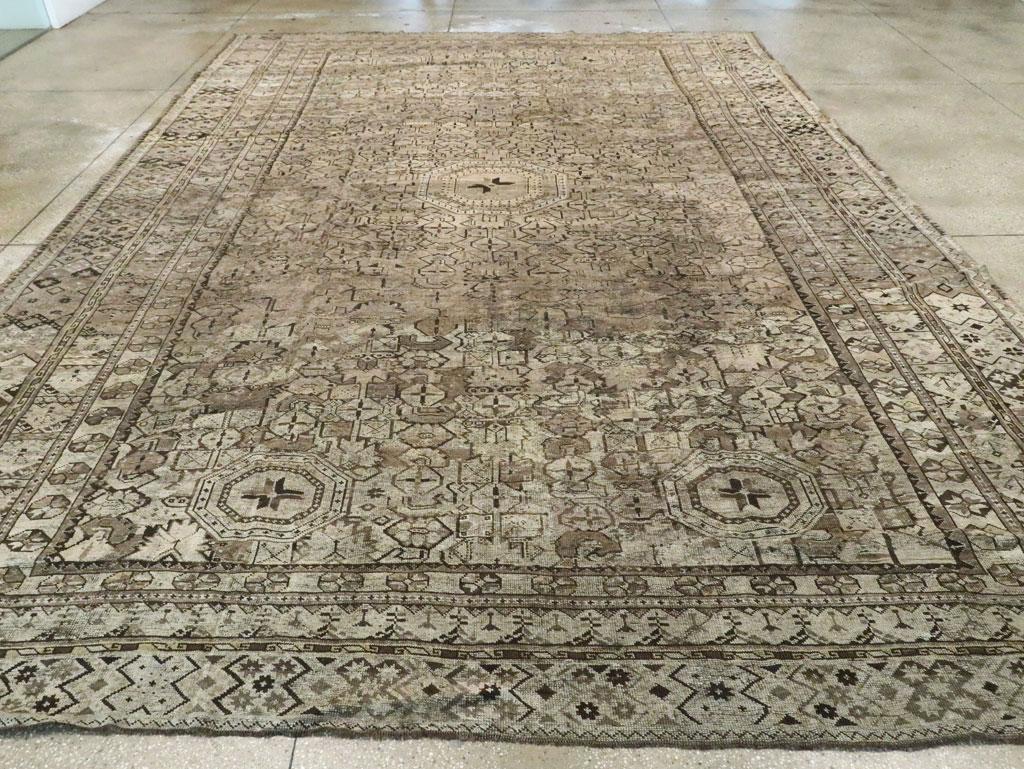 Hand-Knotted Early 20th Century Beshir Large Room Size Tribal Rug in Neutral Earth Tones For Sale