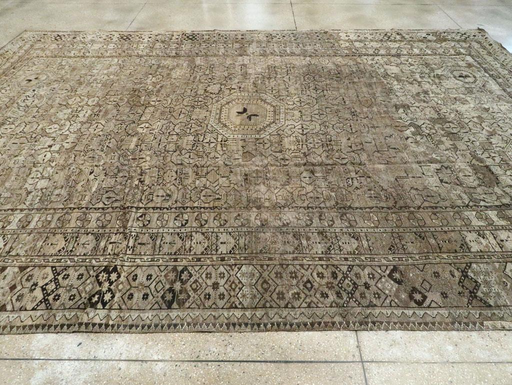 Wool Early 20th Century Beshir Large Room Size Tribal Rug in Neutral Earth Tones For Sale