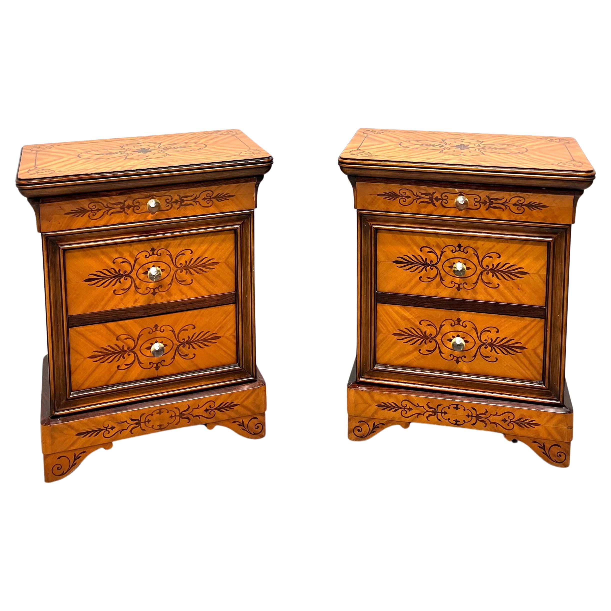 Early 20th Century Biedermeier Style Marquetry Nightstands Bedside Chests - Pair For Sale