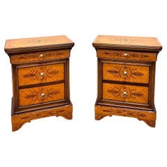 Antique Early 20th Century Biedermeier Style Marquetry Nightstands Bedside Chests - Pair