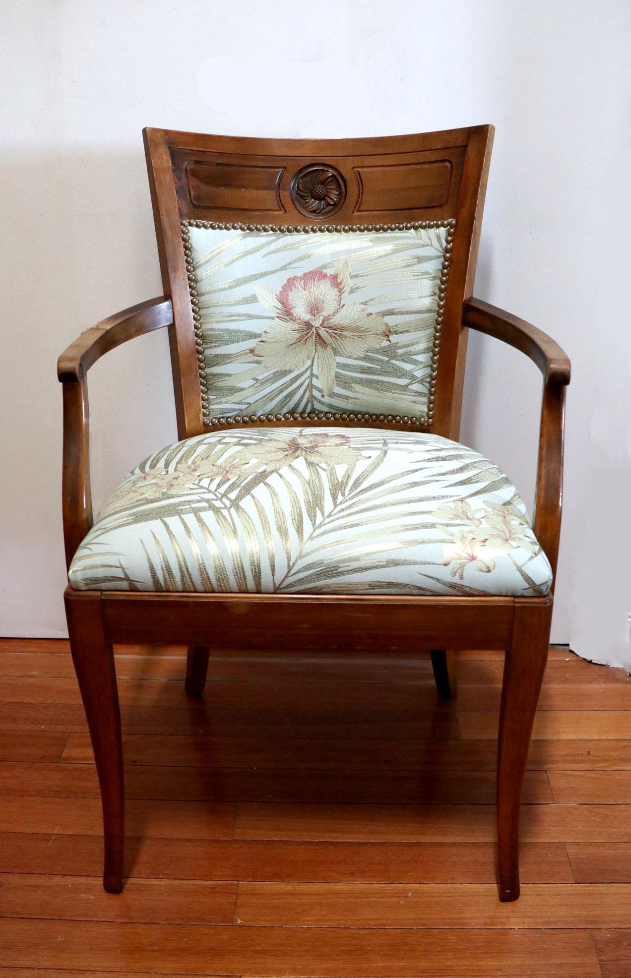 Early 20th Century Biedermeier Style Open Armchair in Orchid Botanical Silk For Sale 11