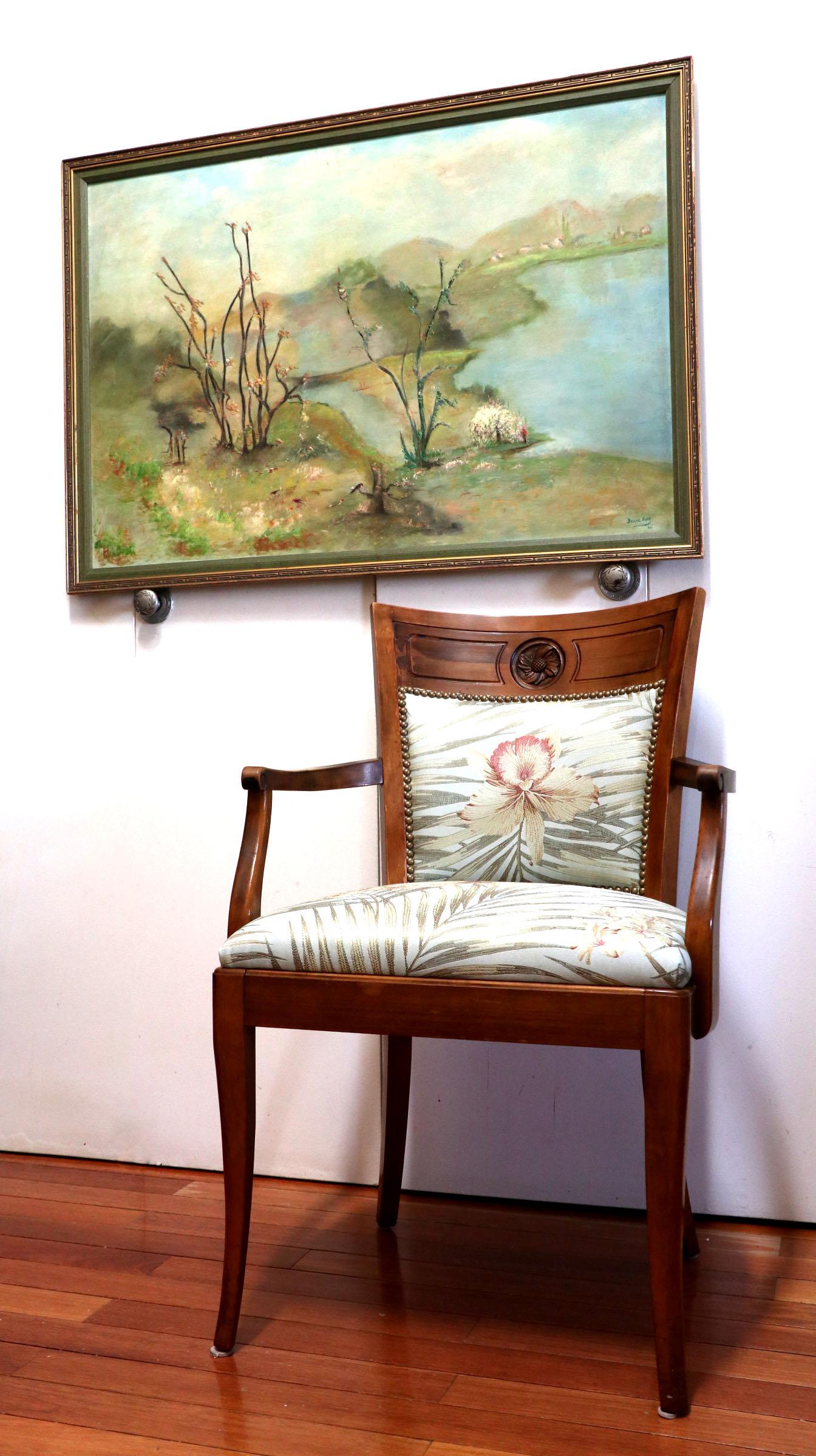 Sillón abierto estilo Biedermeier de principios del siglo XX en seda botánica orquídea en venta 13